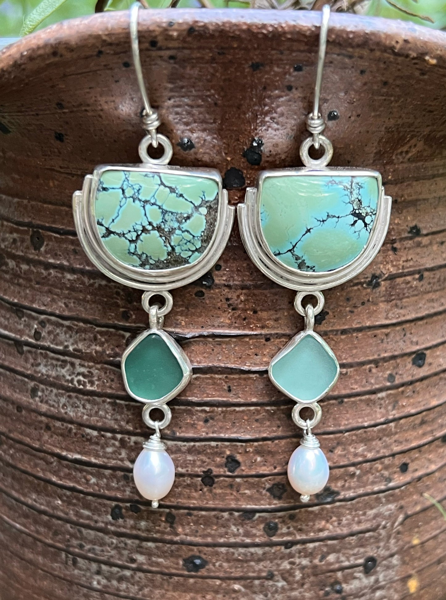 Cascades Earrings with Turquoise, Seaglass + Pearls