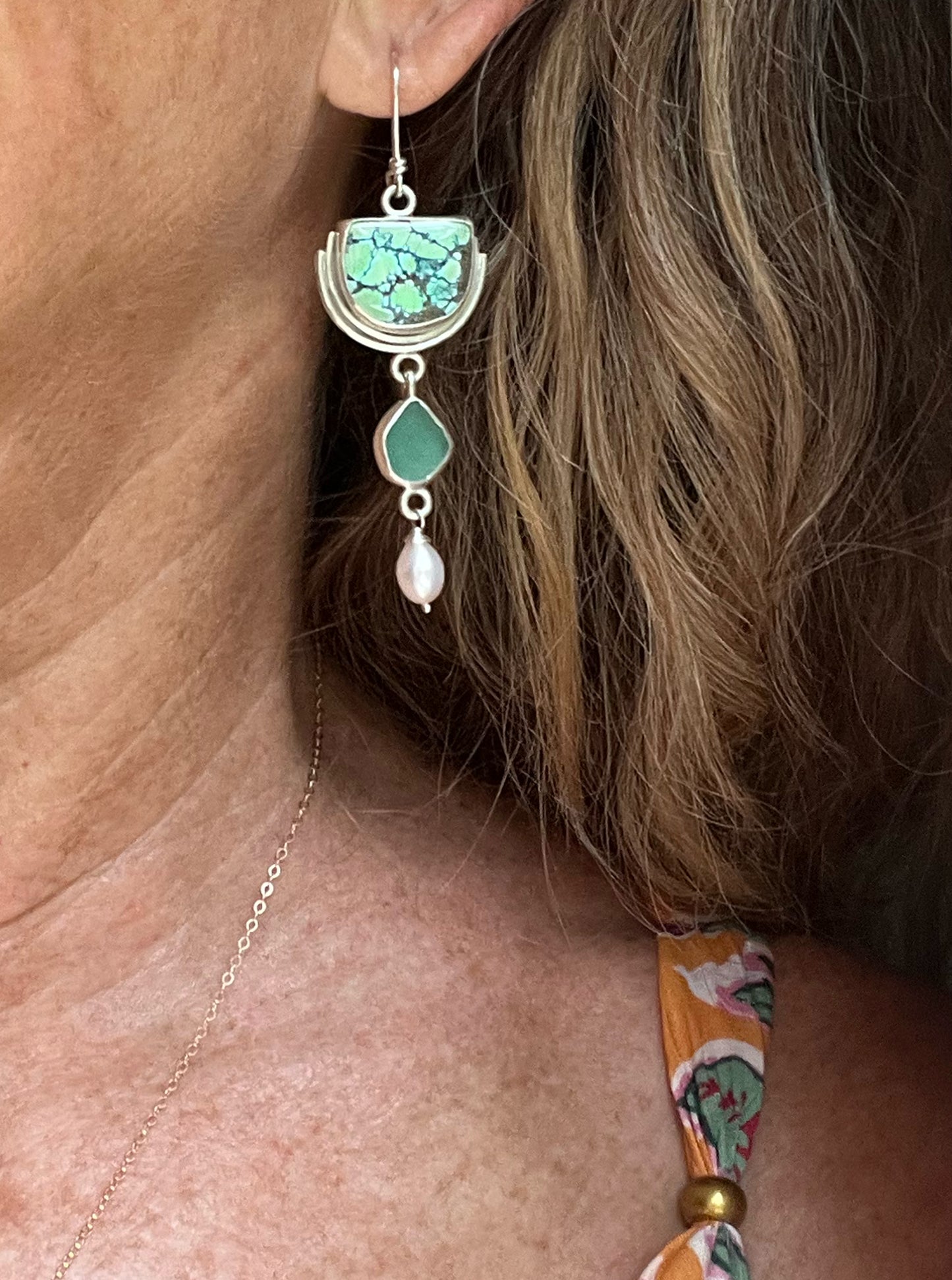 Cascades Earrings with Turquoise, Seaglass + Pearls