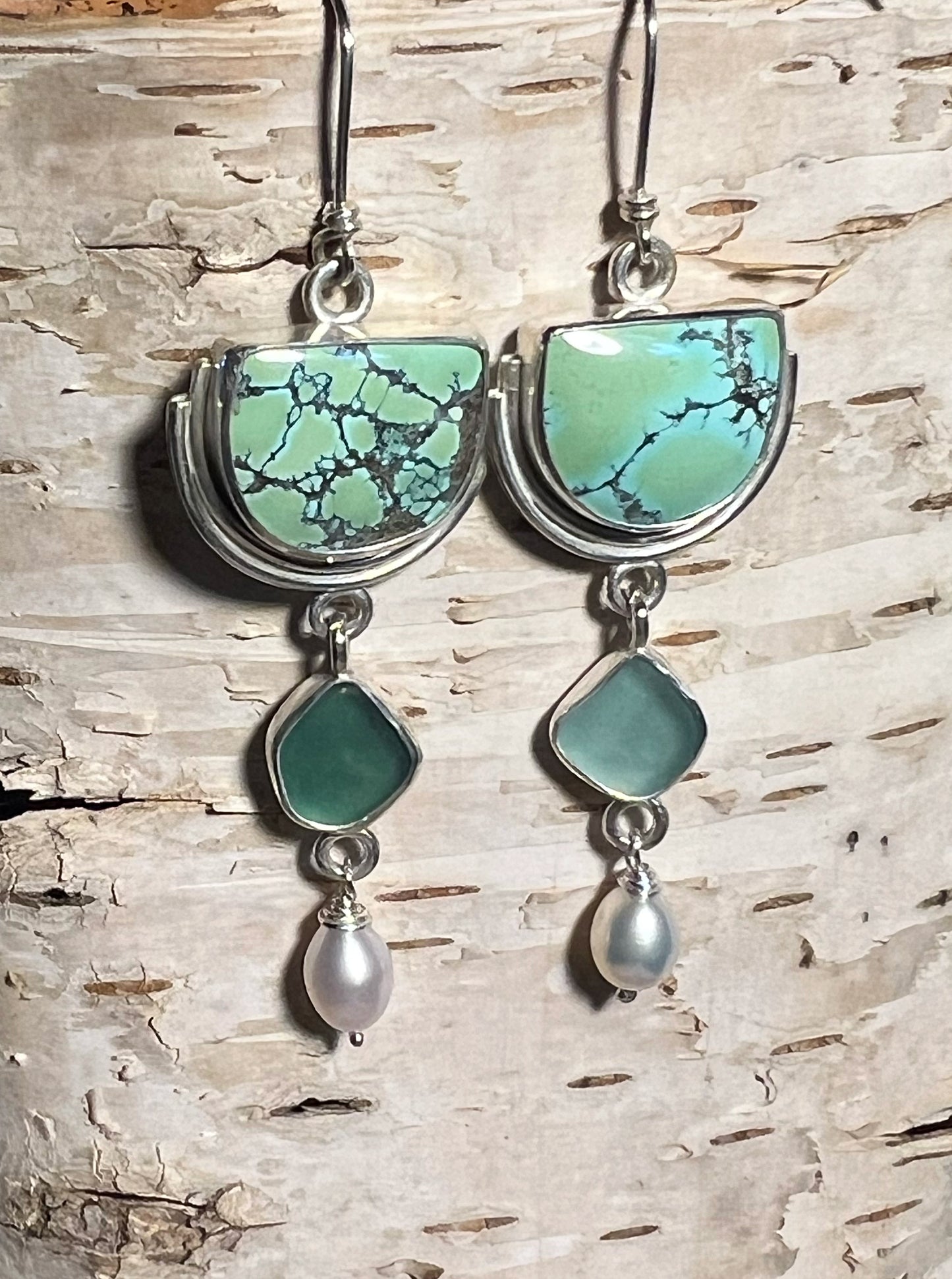 Cascades Earrings with Turquoise, Seaglass + Pearls
