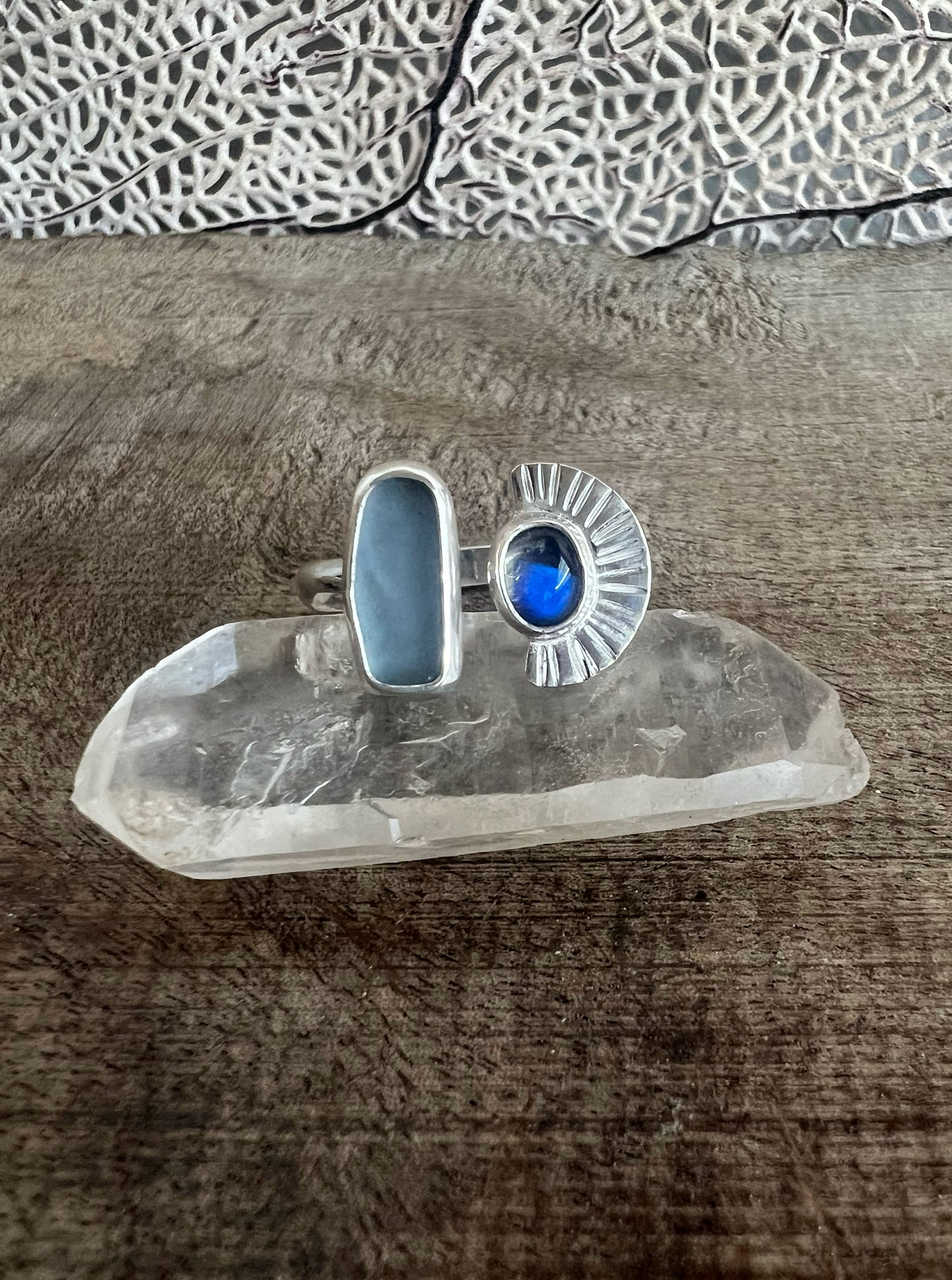Dyad Ring with Cornflower Blue Seaglass + Moonstone • Size 7.5-8