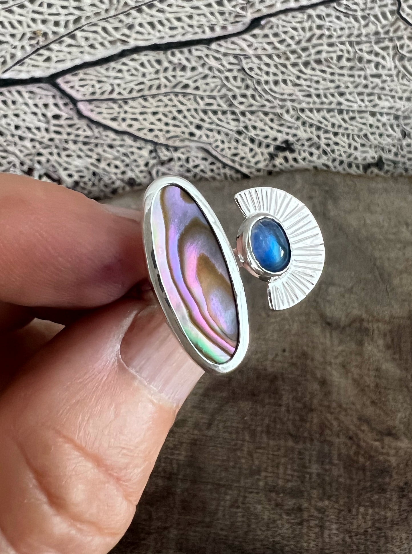 Dyad Ring with Abalone Shell + Moonstone • Size 7.5-8.25