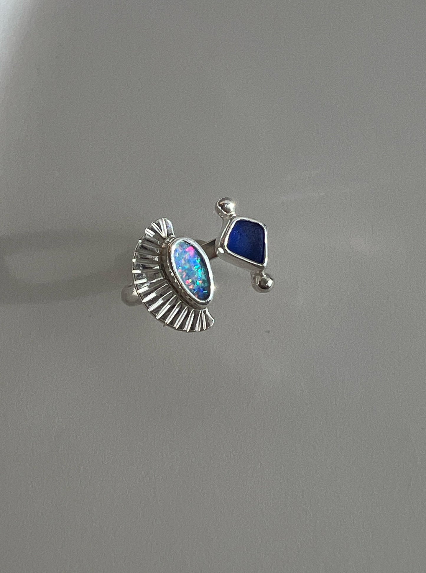 Dyad Ring with Australian Opal + Seaglass • Size 7.5-8