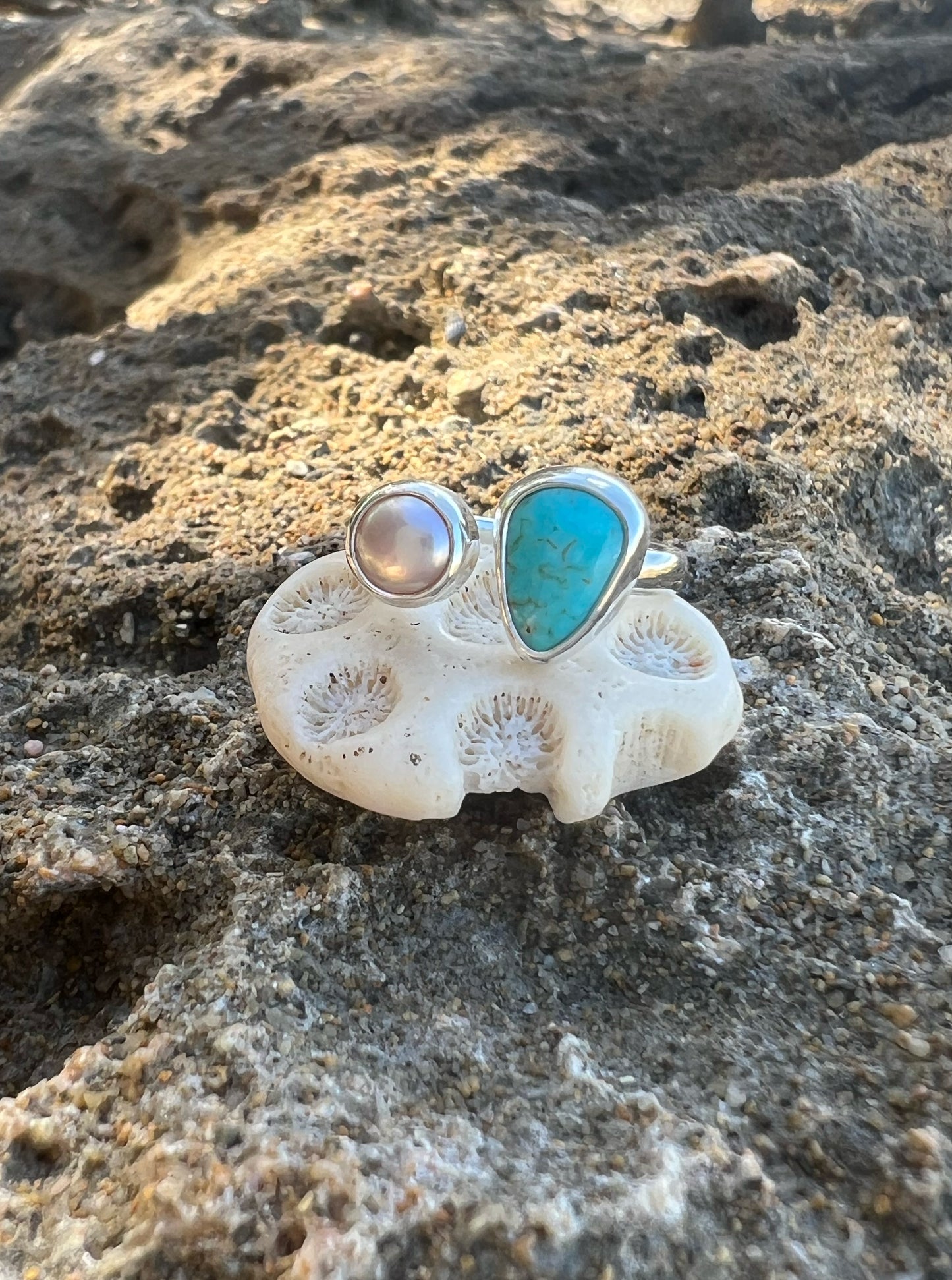 Dyad Ring with Natural Turquoise + Pearl • Size 6-6.5