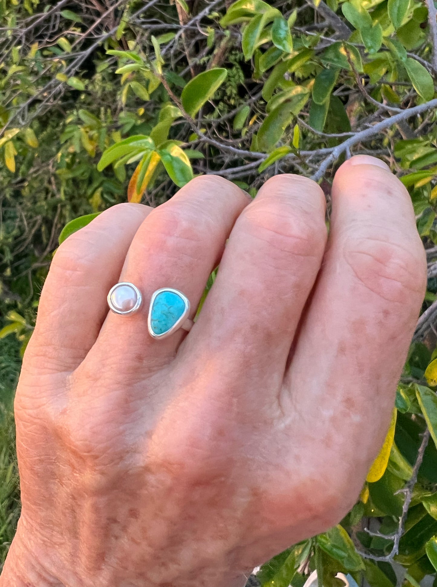 Dyad Ring with Natural Turquoise + Pearl • Size 6-6.5