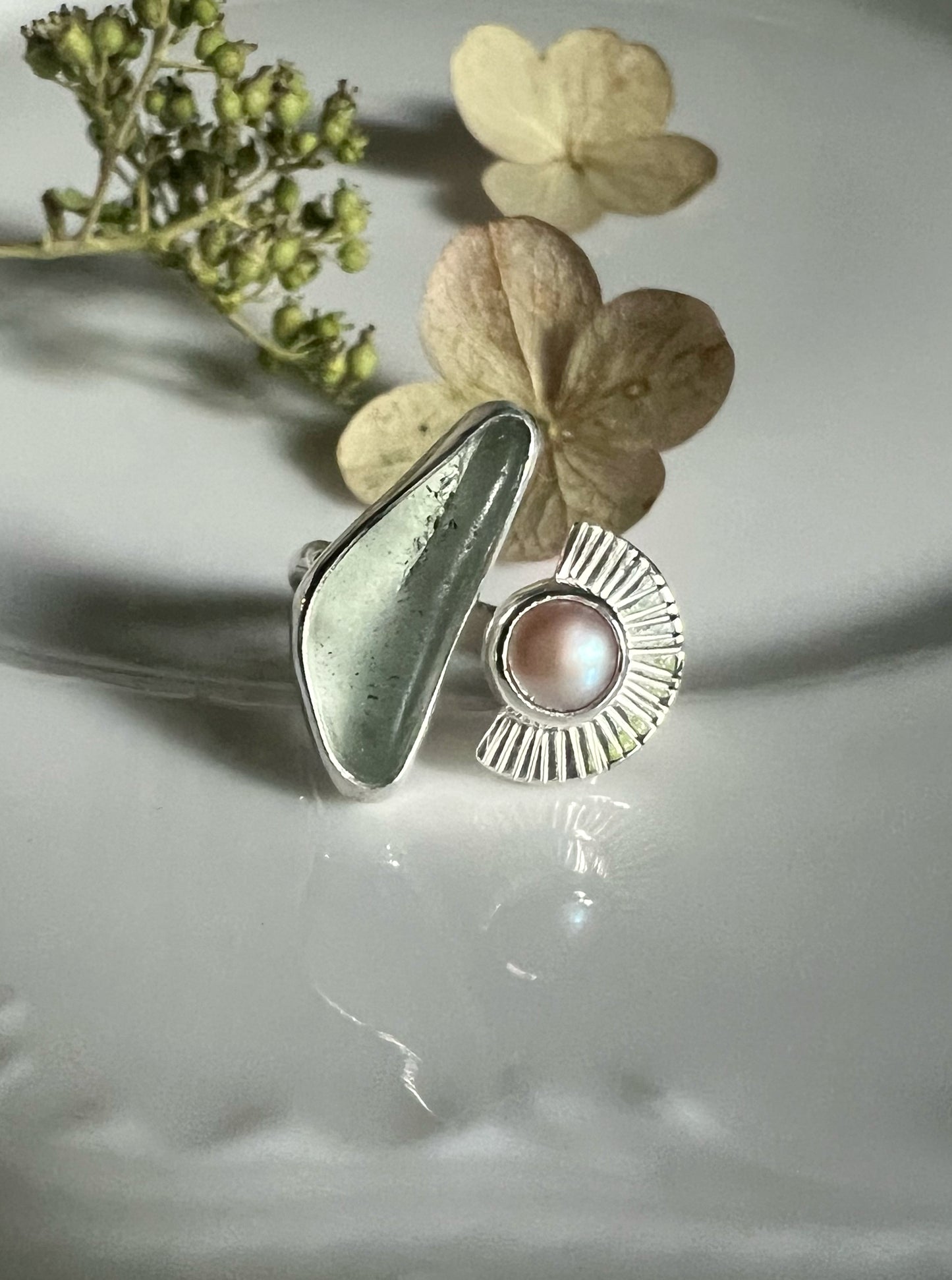 Dyad Ring with Natural Pearl + Seaglass • Size 6.5-7.25