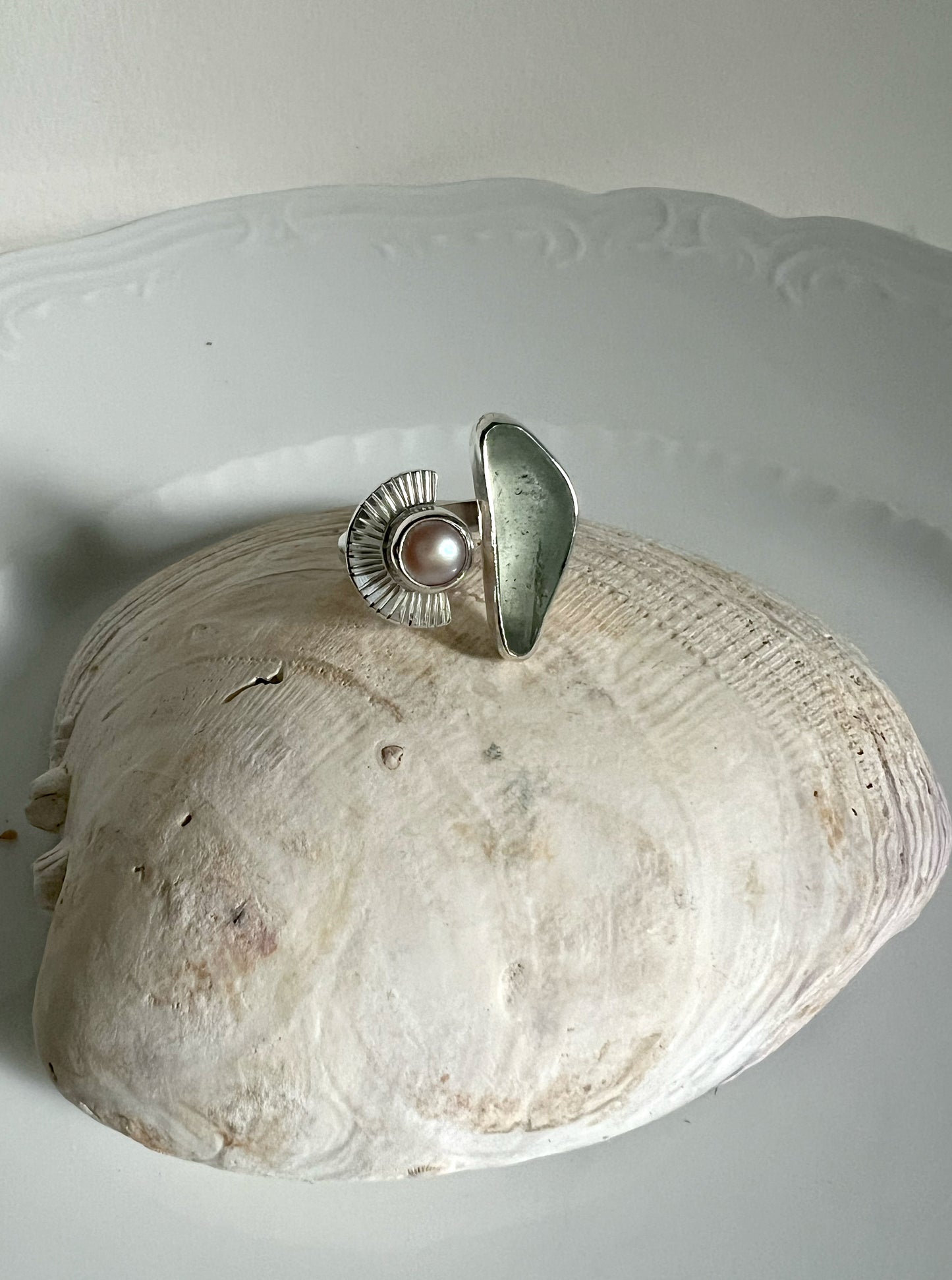 Dyad Ring with Natural Pearl + Seaglass • Size 6.5-7.25