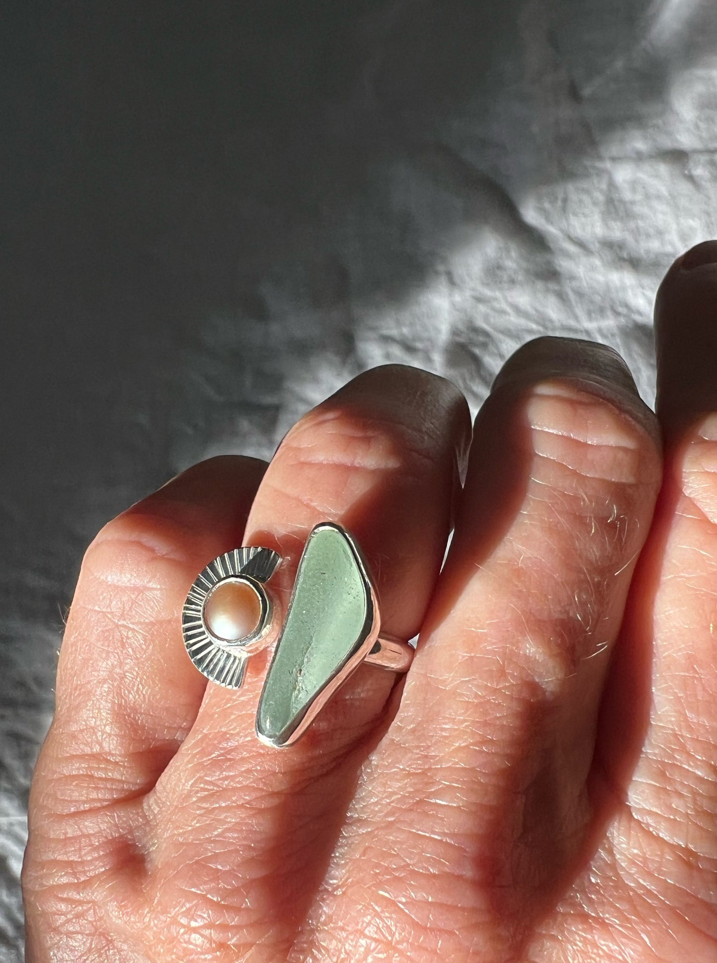 Dyad Ring with Natural Pearl + Seaglass • Size 6.5-7.25