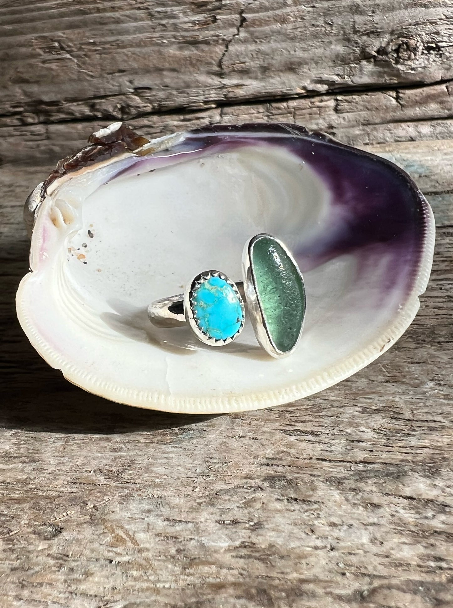 (Reserved) Dyad Ring with Turquoise + Seaglass • Size 6-6.75