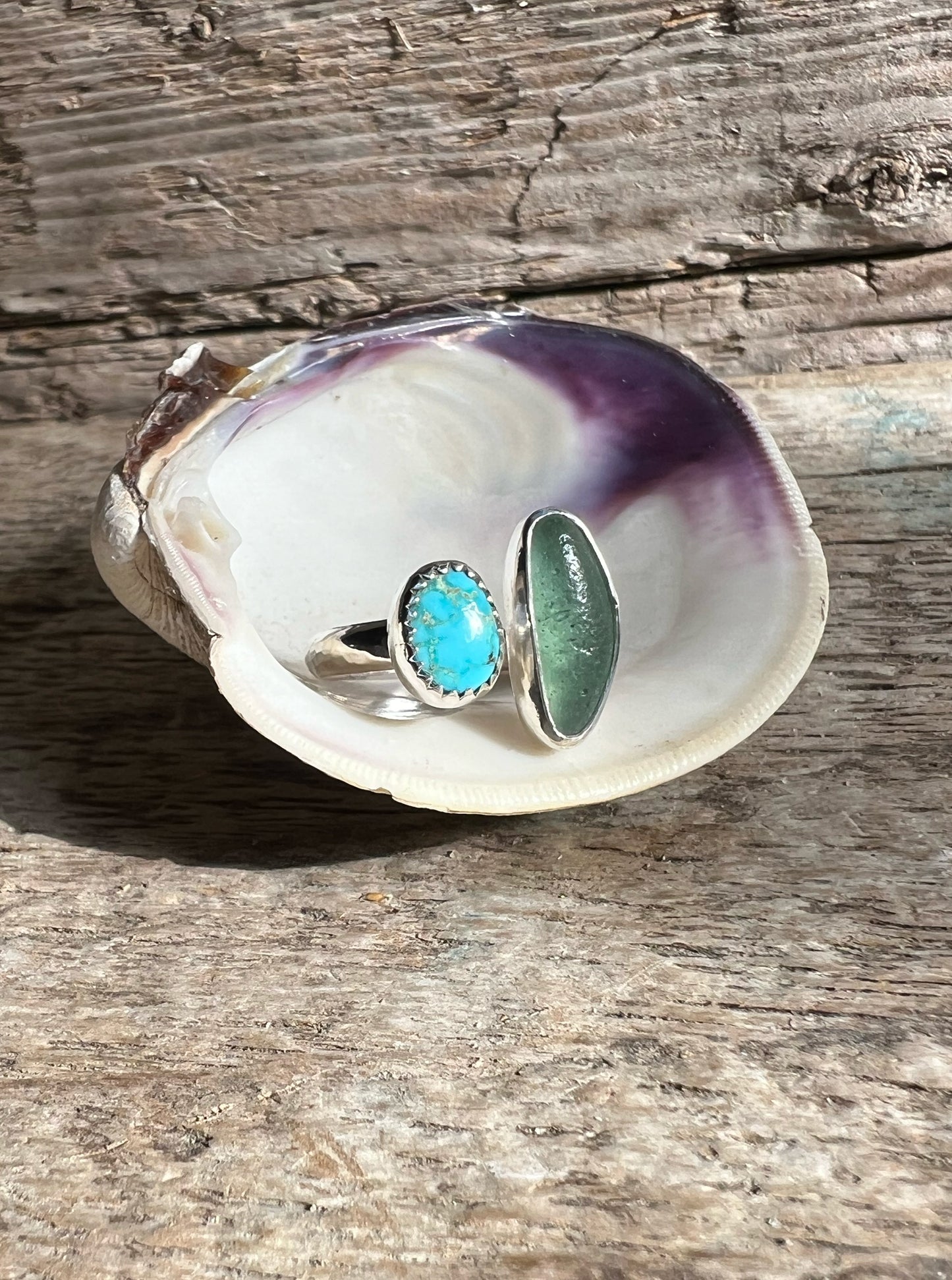 (Reserved) Dyad Ring with Turquoise + Seaglass • Size 6-6.75