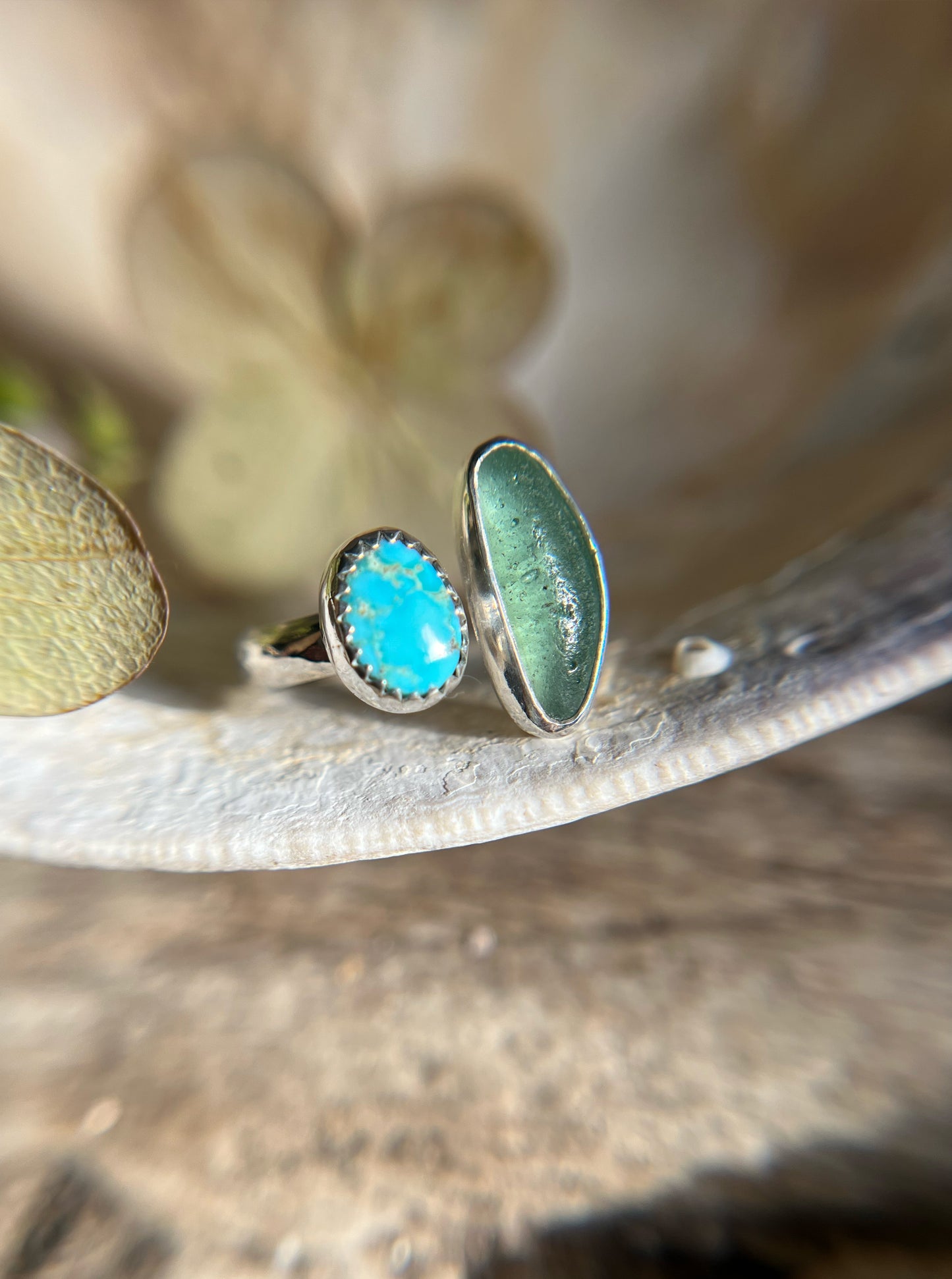 (Reserved) Dyad Ring with Turquoise + Seaglass • Size 6-6.75