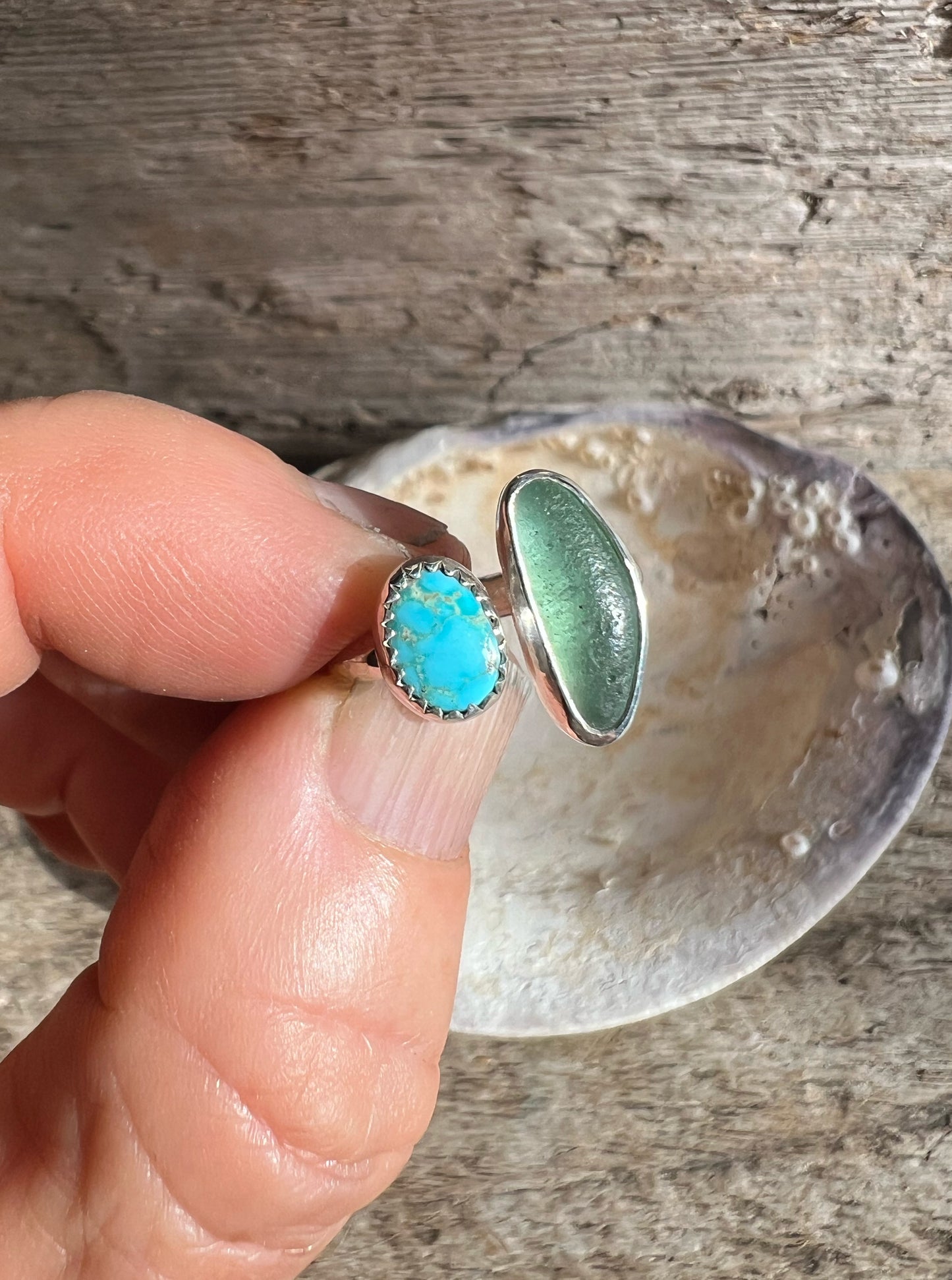 (Reserved) Dyad Ring with Turquoise + Seaglass • Size 6-6.75