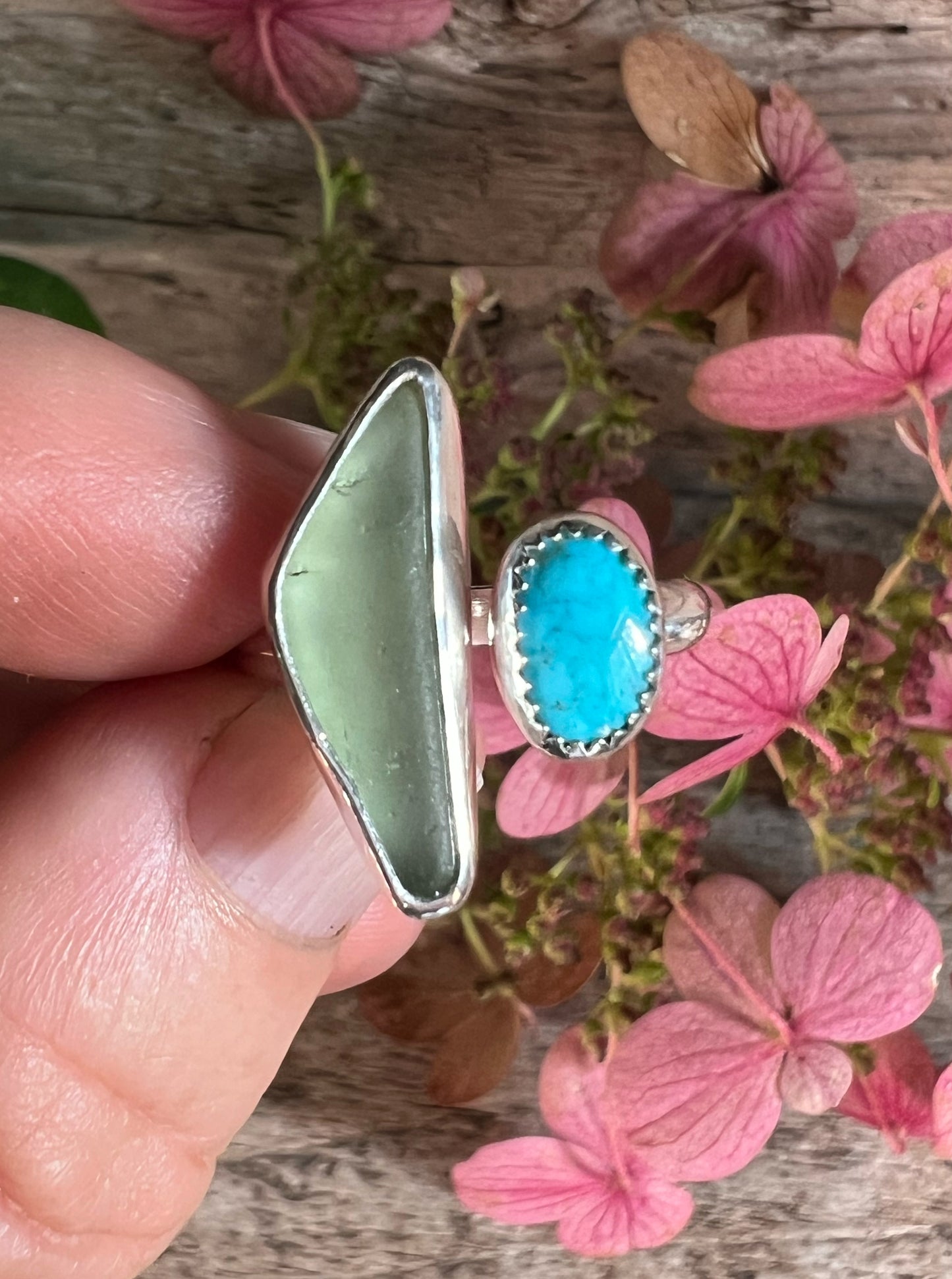 Dyad Ring with Turquoise + Seaglass • Size 9-9.75