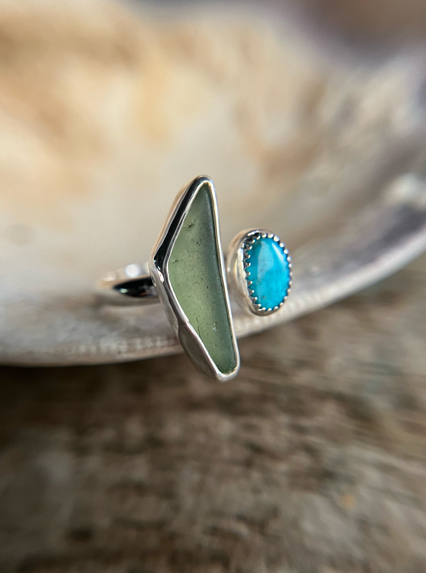 Dyad Ring with Turquoise + Seaglass • Size 9-9.75