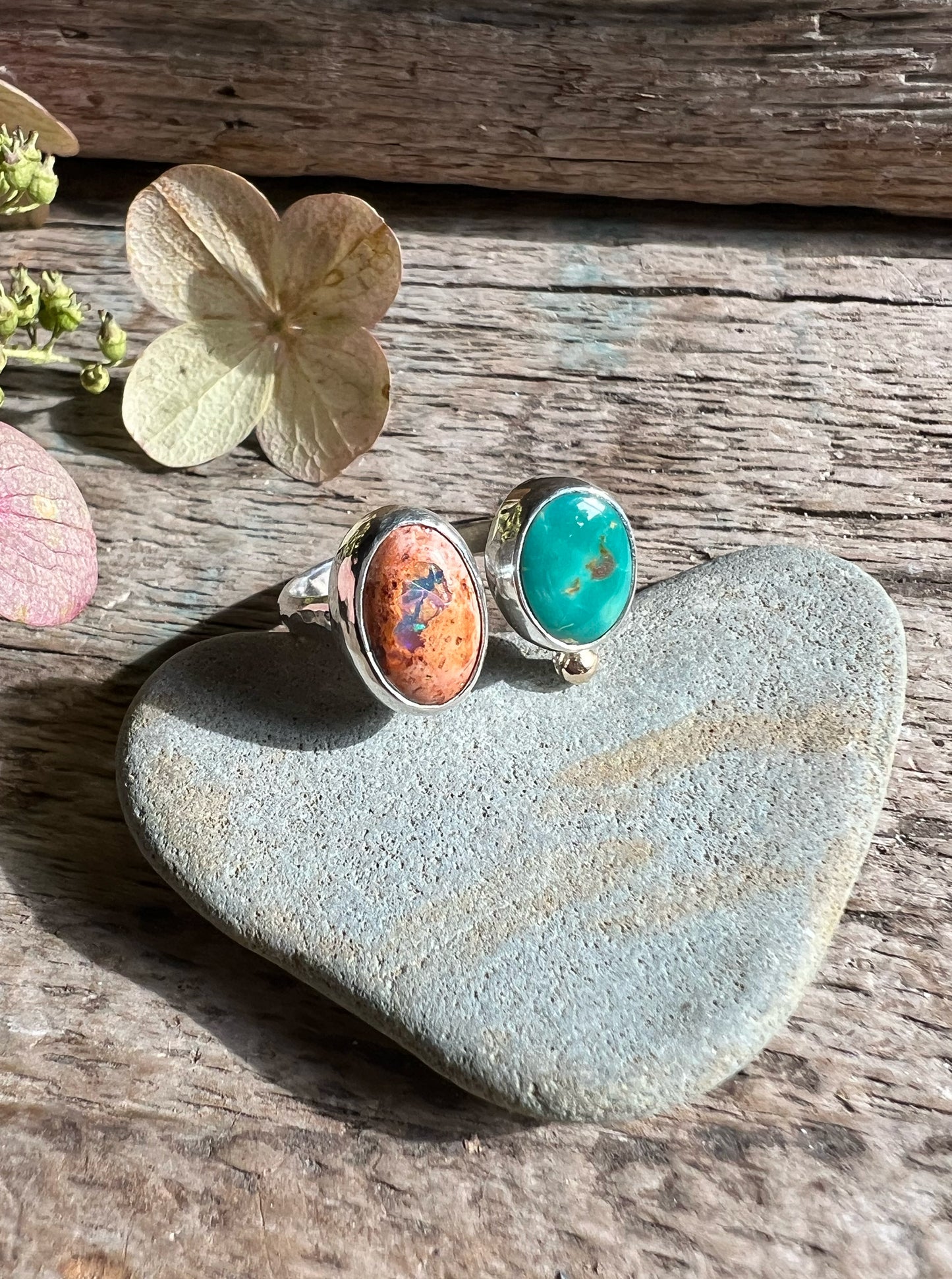 Dyad Ring with Turquoise, Mexican Opal + 14k Gold Detail • Size 8.5-9.25
