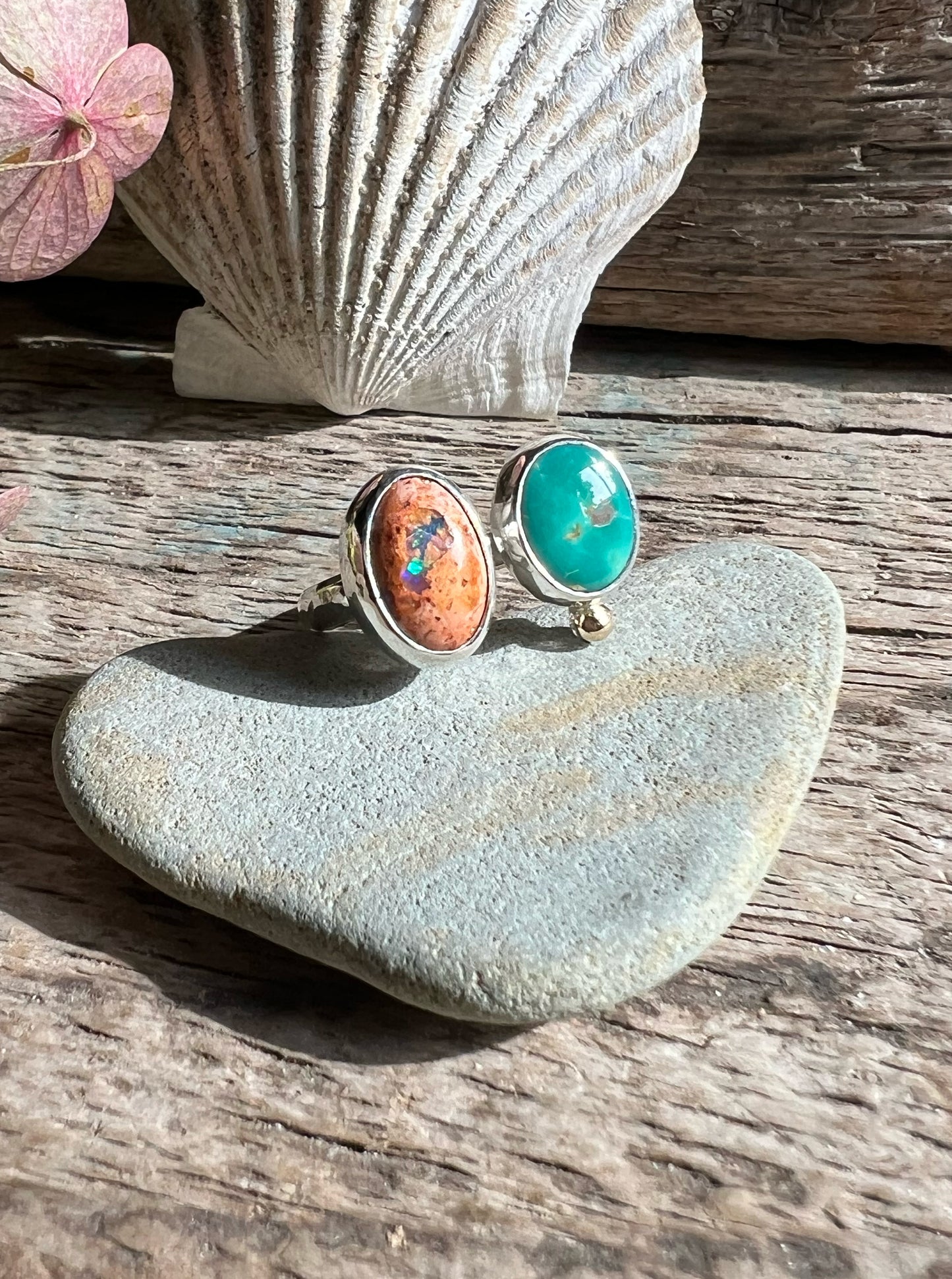 Dyad Ring with Turquoise, Mexican Opal + 14k Gold Detail • Size 8.5-9.25