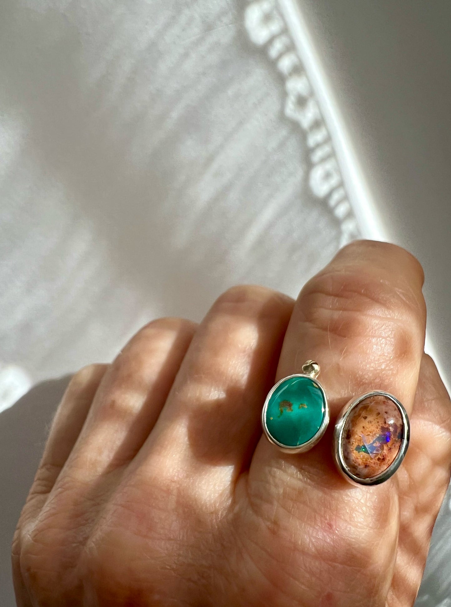 Dyad Ring with Turquoise, Mexican Opal + 14k Gold Detail • Size 8.5-9.25