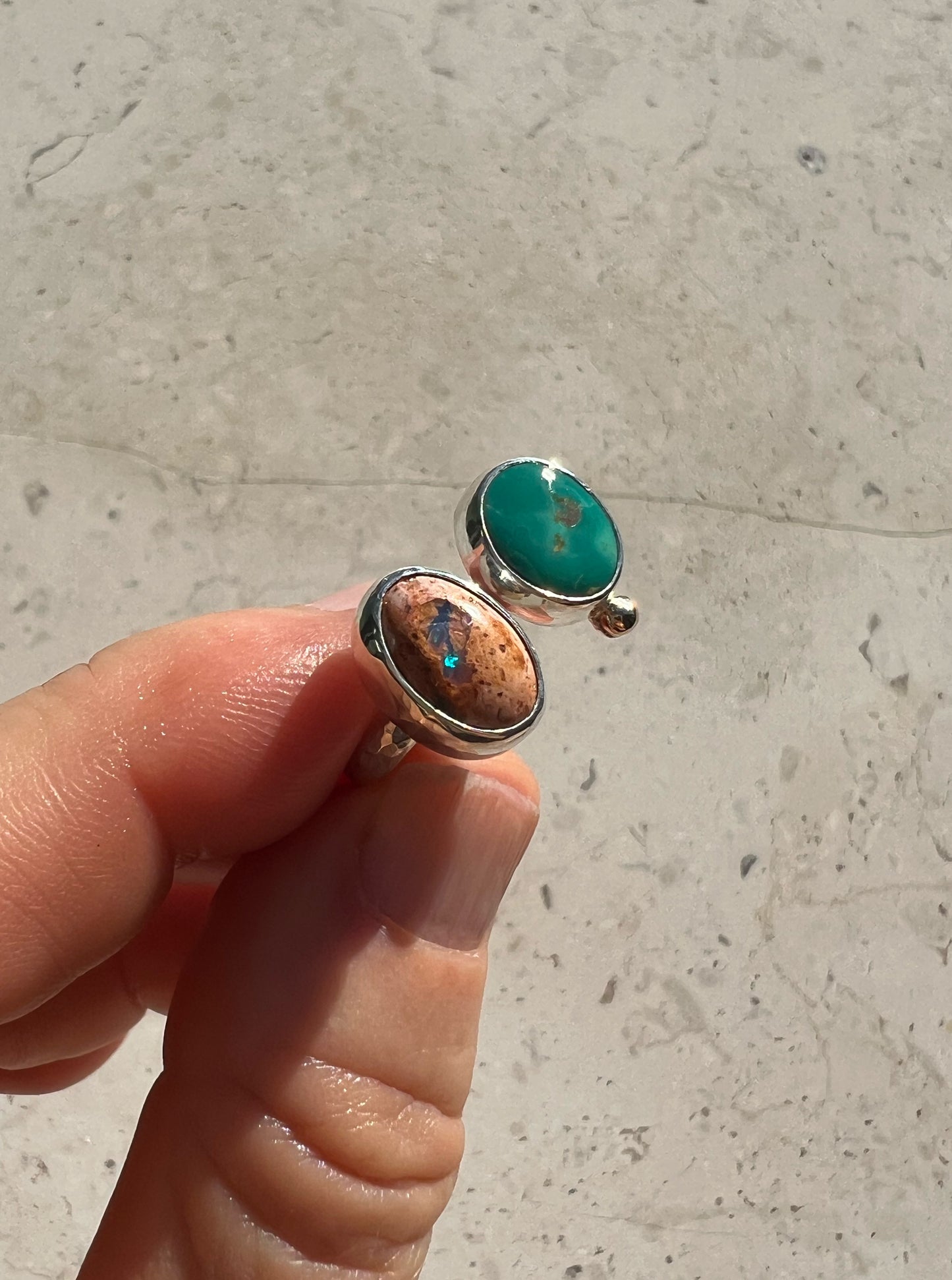 Dyad Ring with Turquoise, Mexican Opal + 14k Gold Detail • Size 8.5-9.25