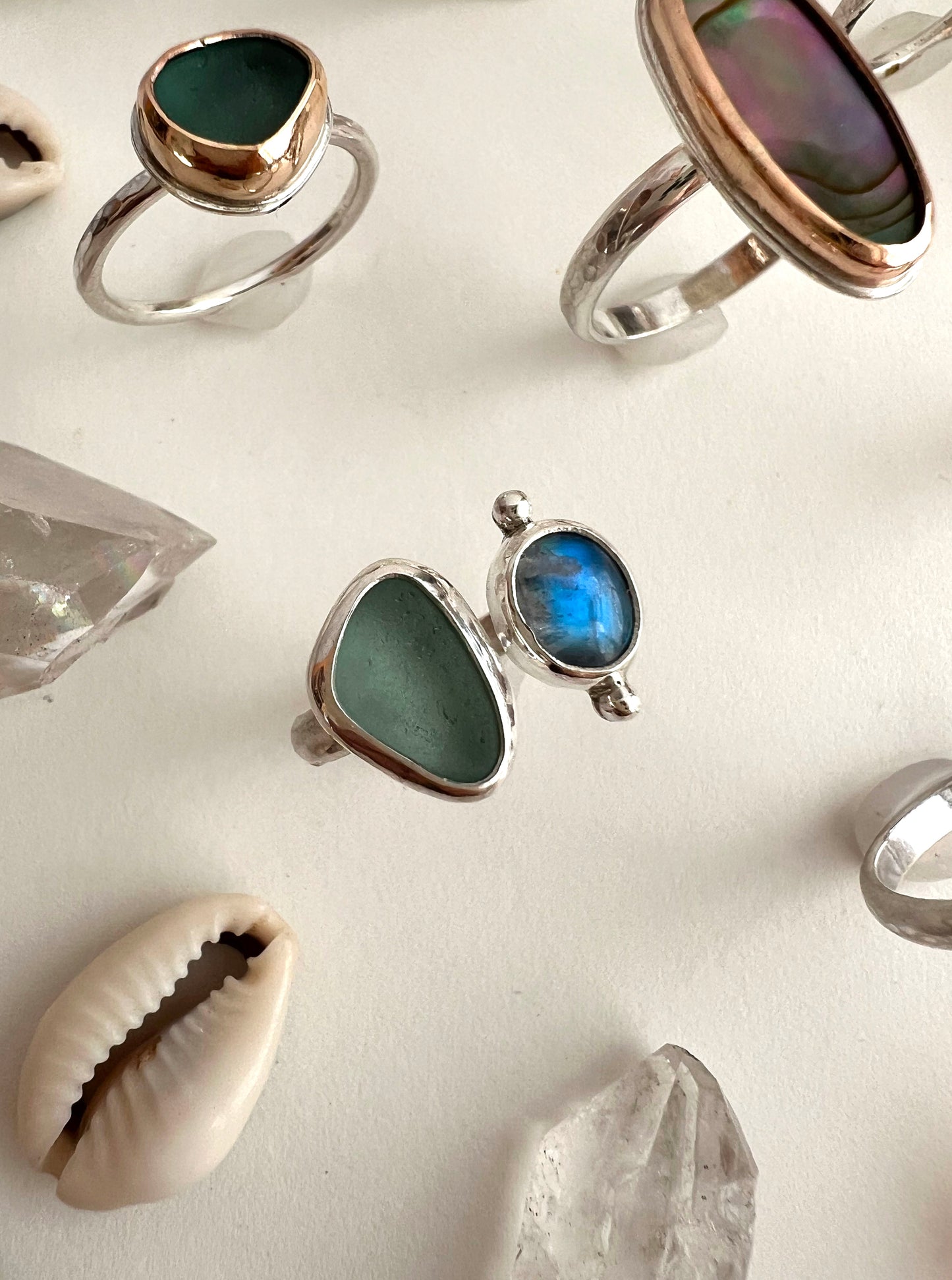 Dyad Ring with Seafoam Seaglass + Moonstone • Size 7-7.5
