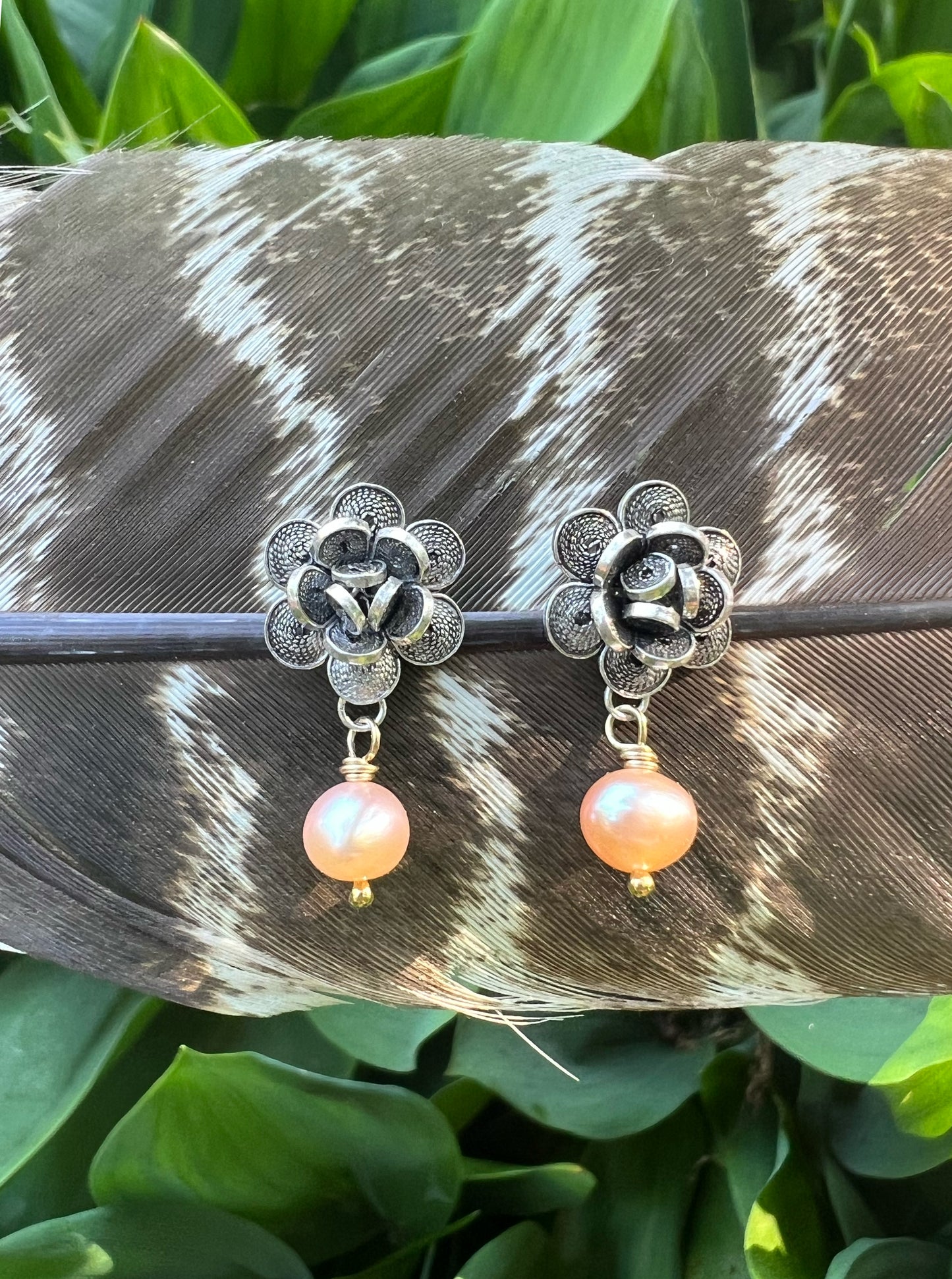 Filigree Flowers with Pearls in Sterling Silver + 14K Gold Fill