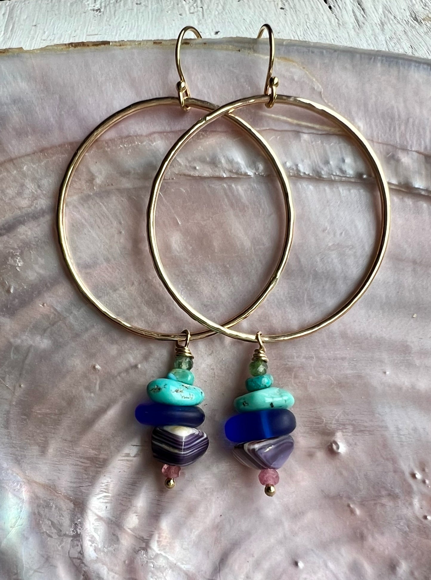 Gold Cairn Hoops with Tourmaline, Turquoise Seaglass + Wampum