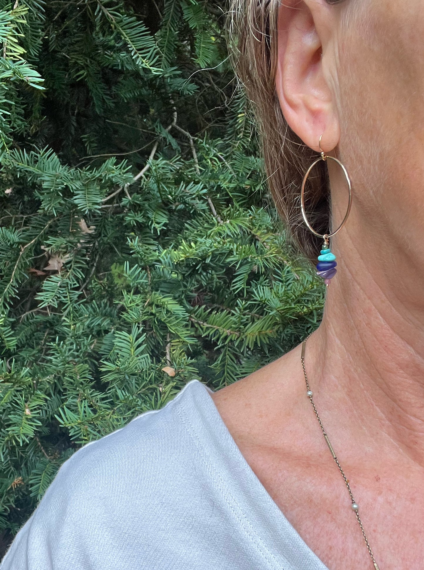 Gold Cairn Hoops with Tourmaline, Turquoise Seaglass + Wampum