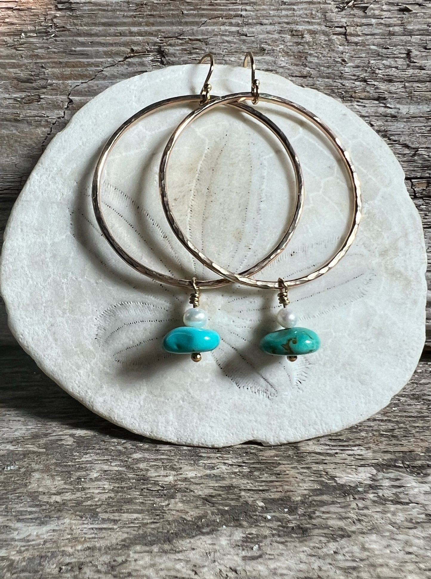 Gold Hoops with Turquoise + Pearls