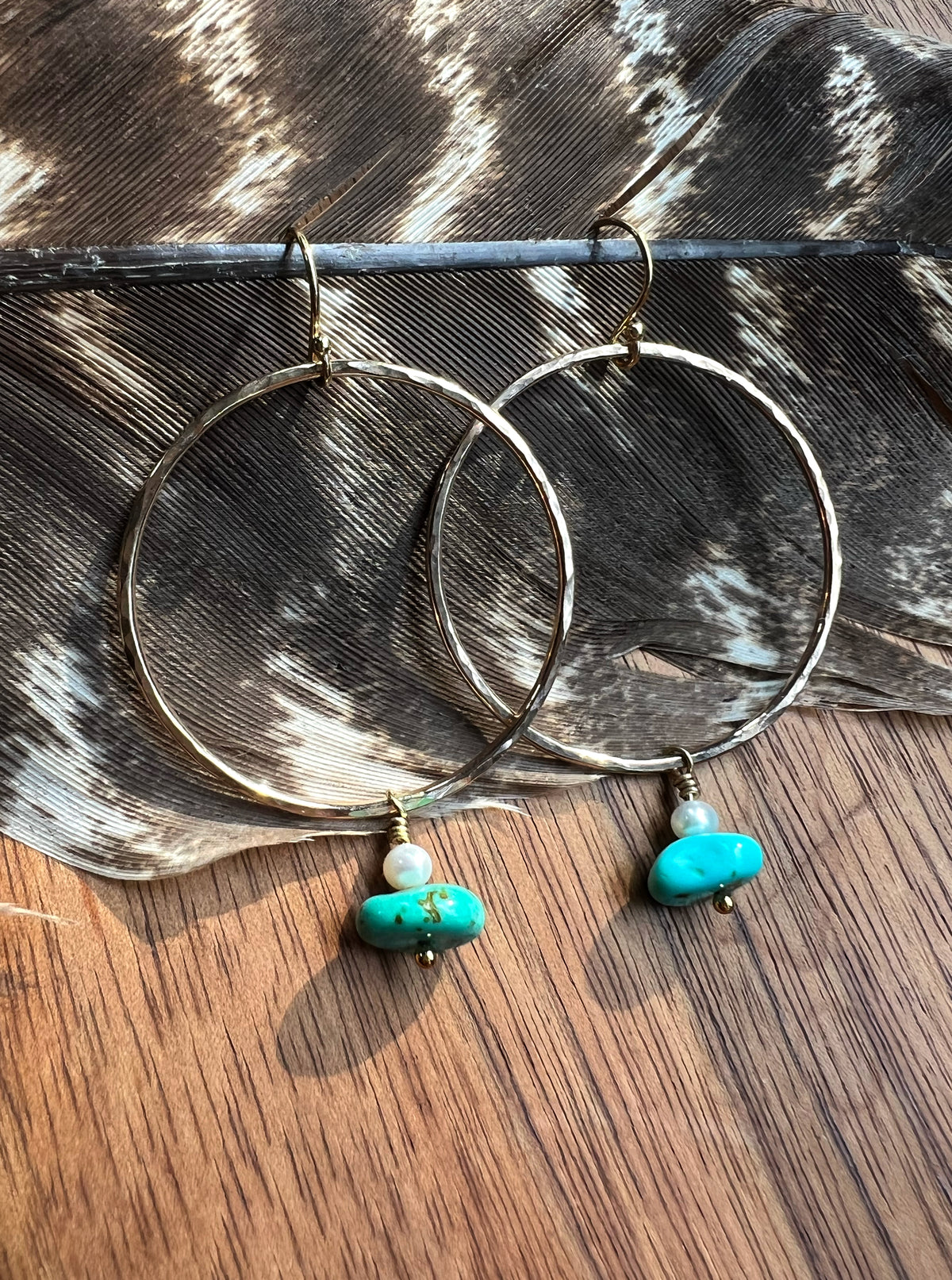 Gold Hoops with Turquoise + Pearls