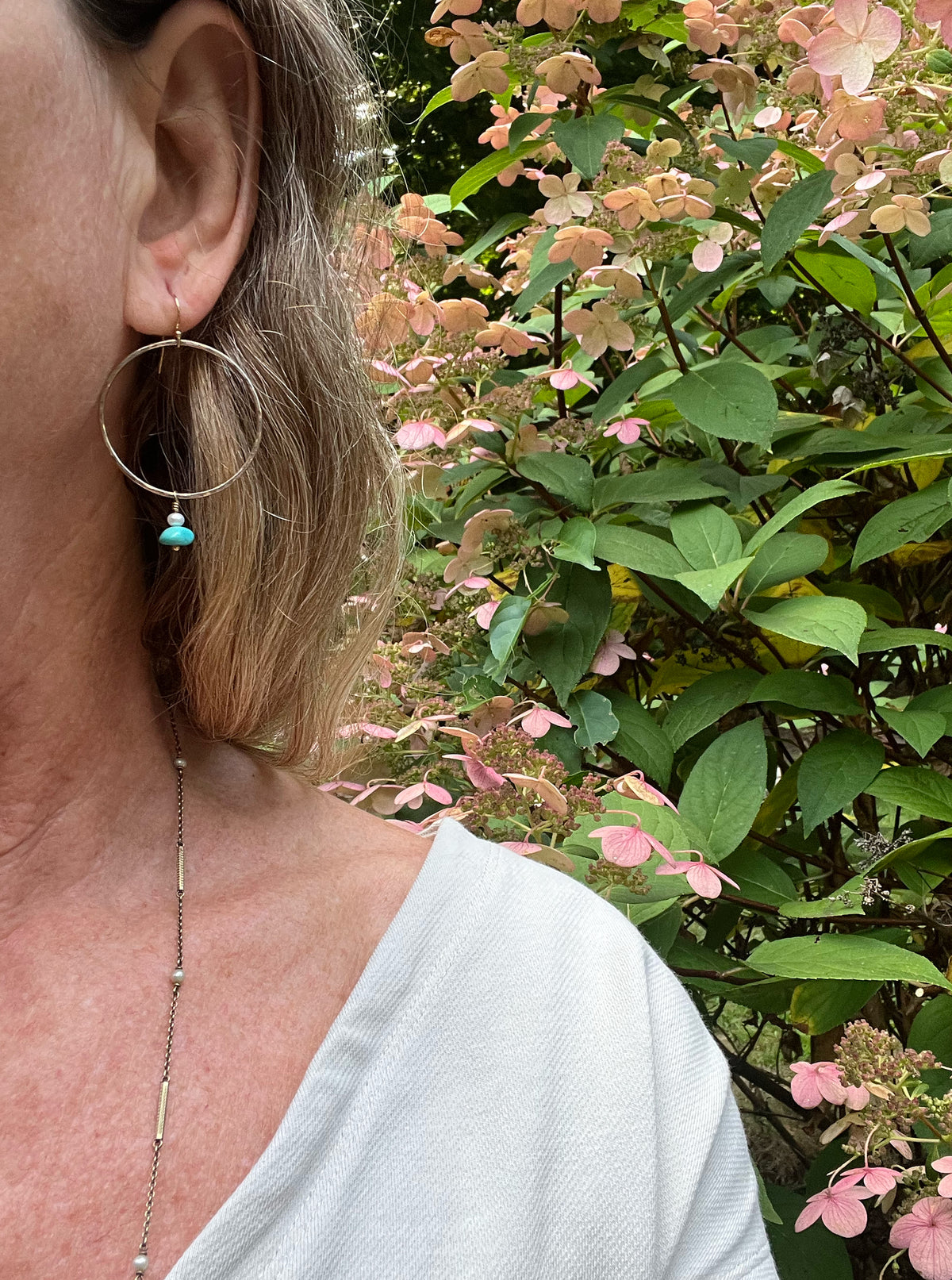 Gold Hoops with Turquoise + Pearls