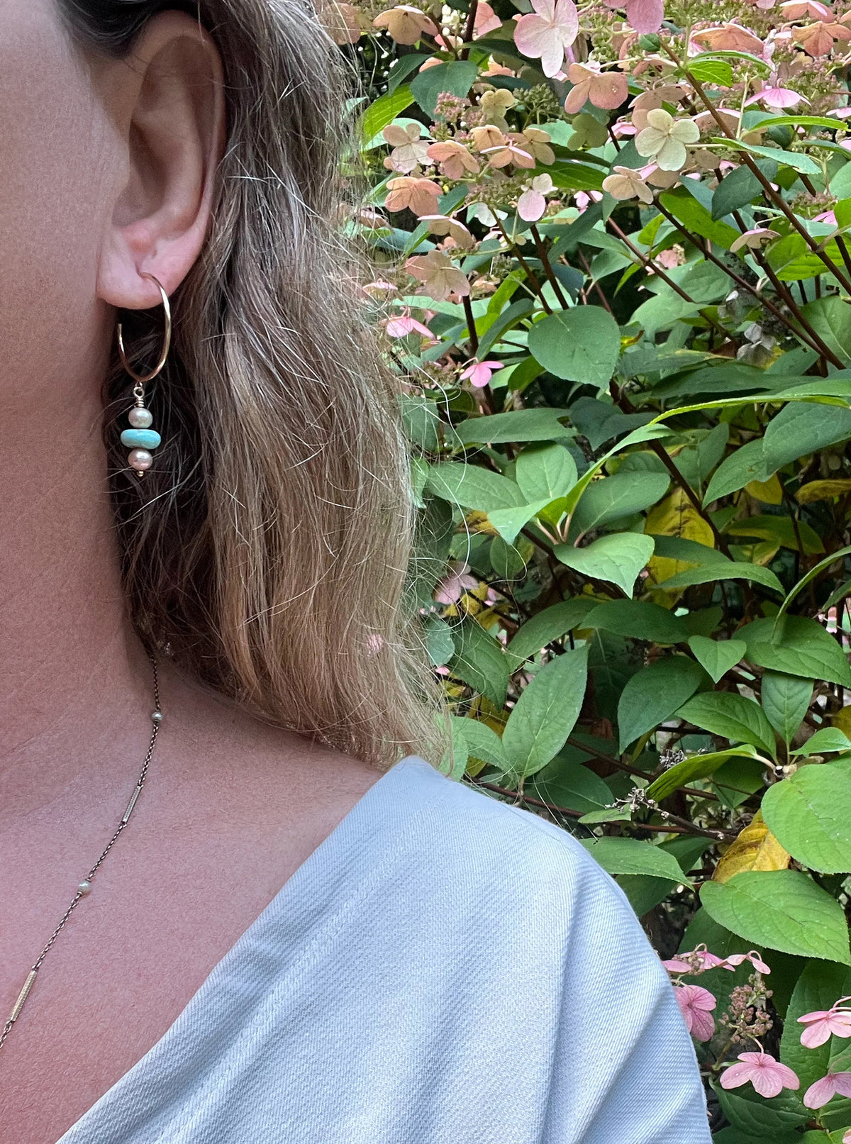 Gold Open Hoops with Turquoise + Pearls No. 2