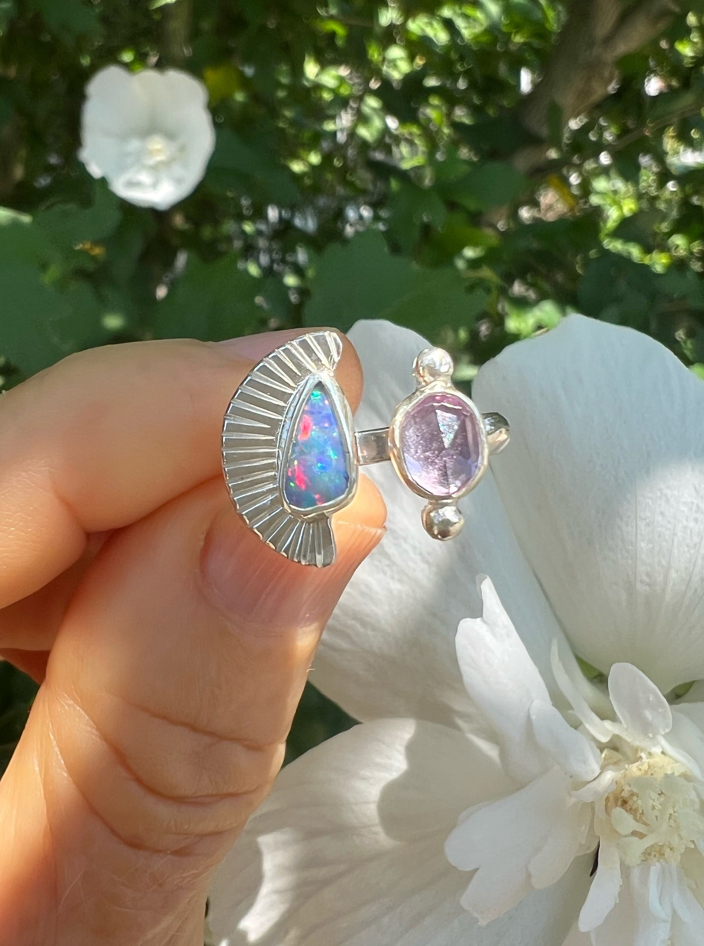 Dyad Ring with Australian Opal + Amethyst • Size 5.5-6