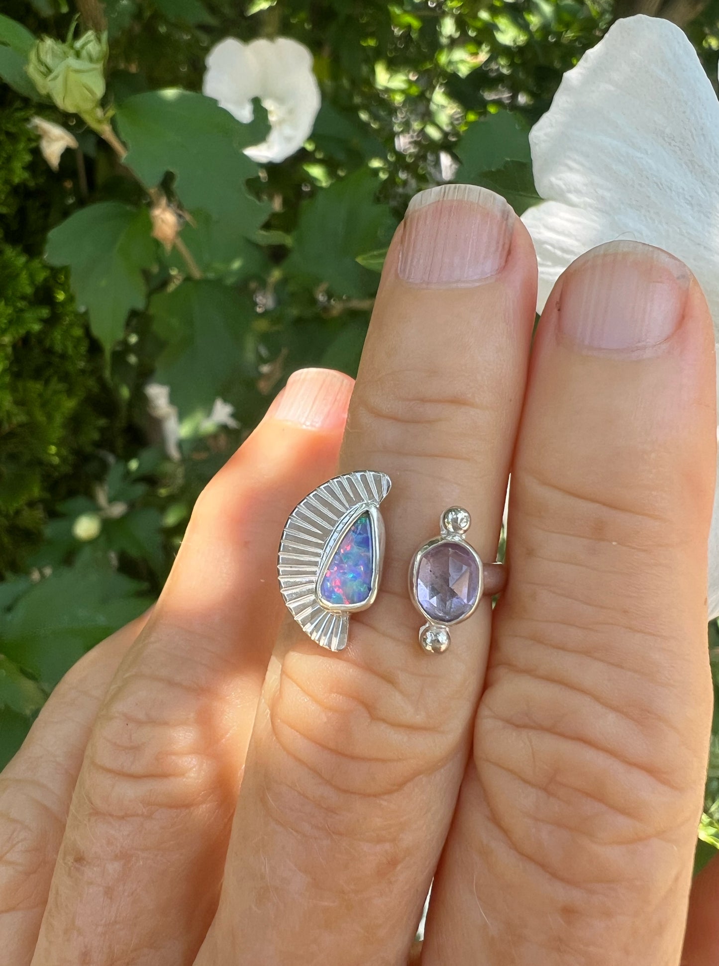 Dyad Ring with Australian Opal + Amethyst • Size 5.5-6