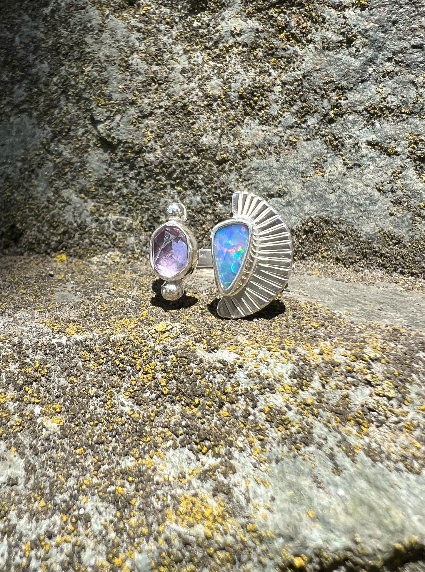 Dyad Ring with Australian Opal + Amethyst • Size 5.5-6