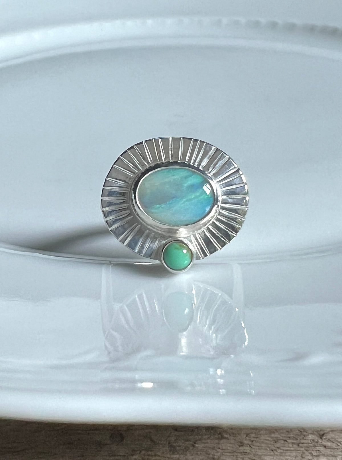 Radiance Ring with Australian Opal + New Lander Variscite • Size 7.5