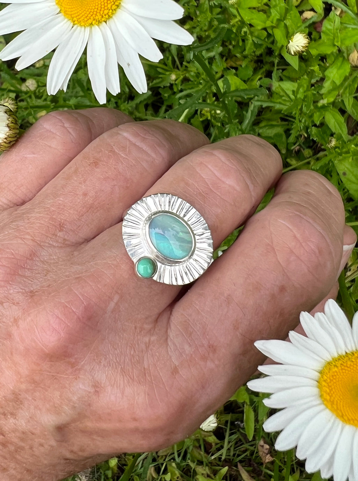 Radiance Ring with Australian Opal + New Lander Variscite • Size 7.5