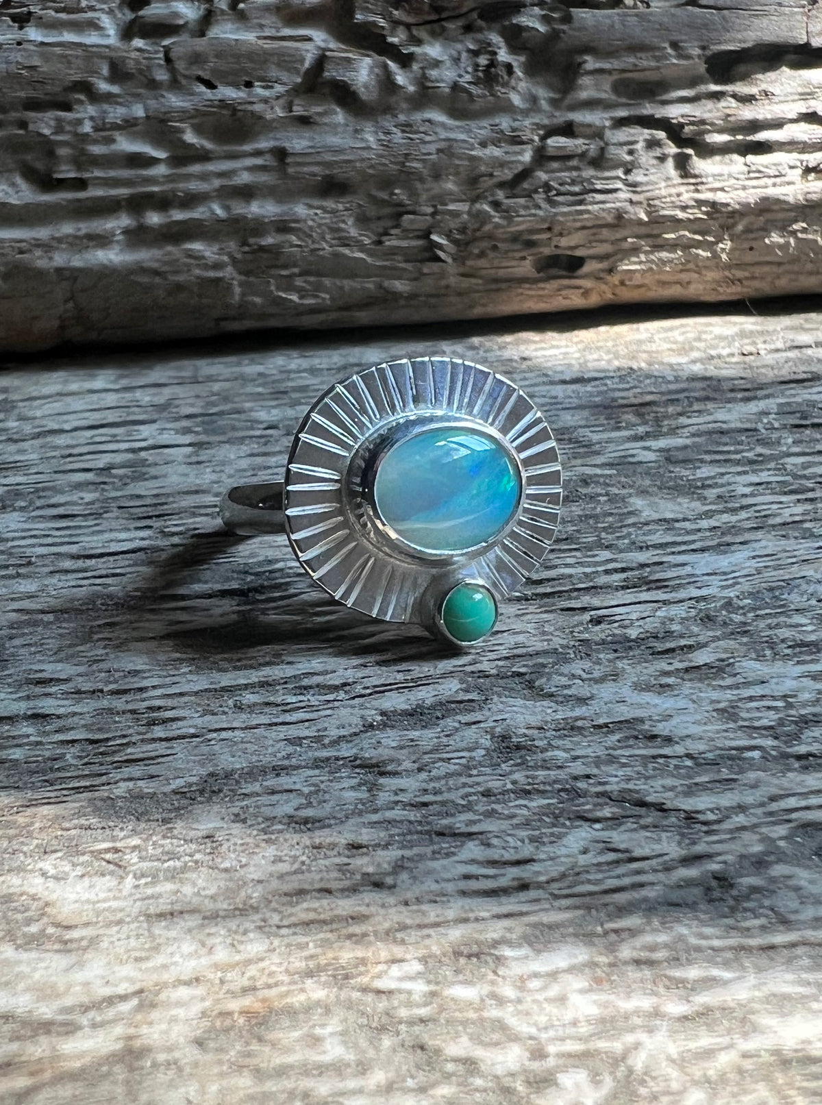 Radiance Ring with Australian Opal + New Lander Variscite • Size 7.5