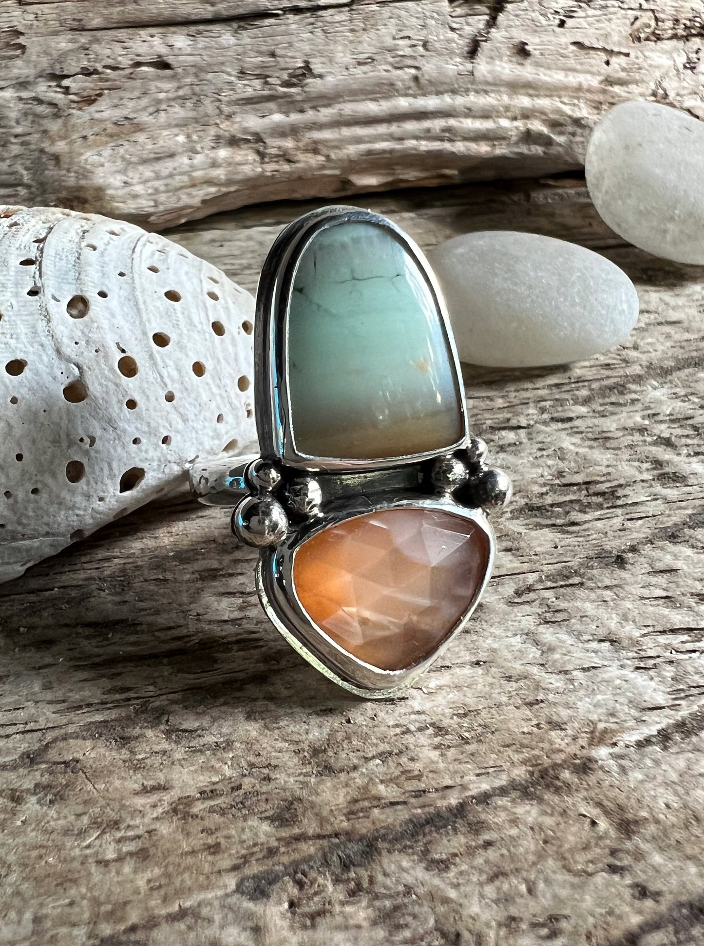 Scenic Blue Opal Petrified Wood + Peach Moonstone Ring • Size 8.5