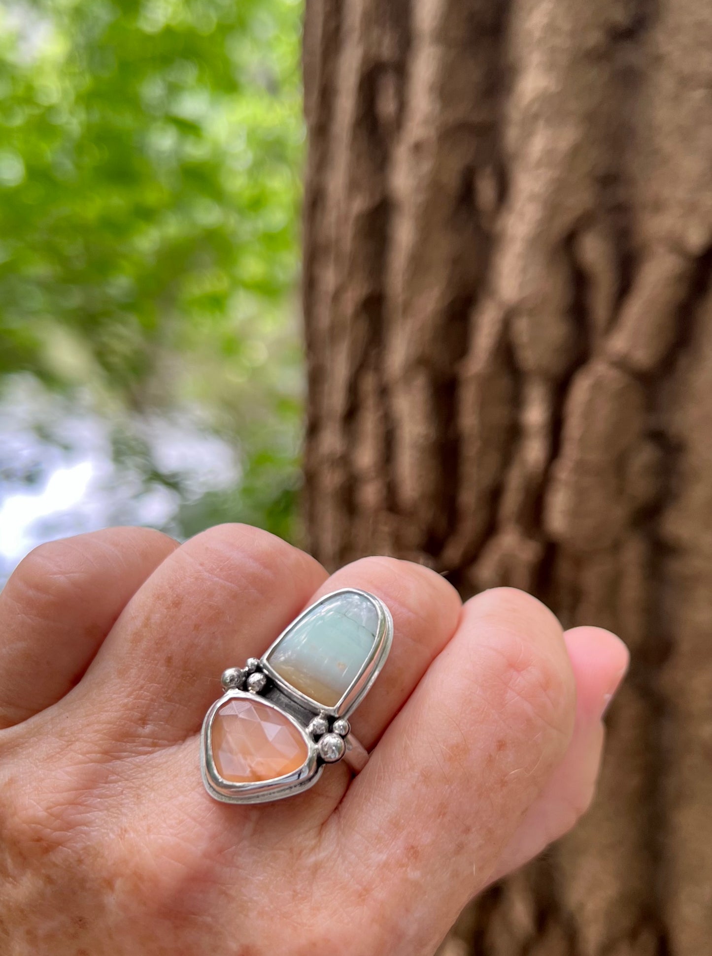 Scenic Blue Opal Petrified Wood + Peach Moonstone Ring • Size 8.5