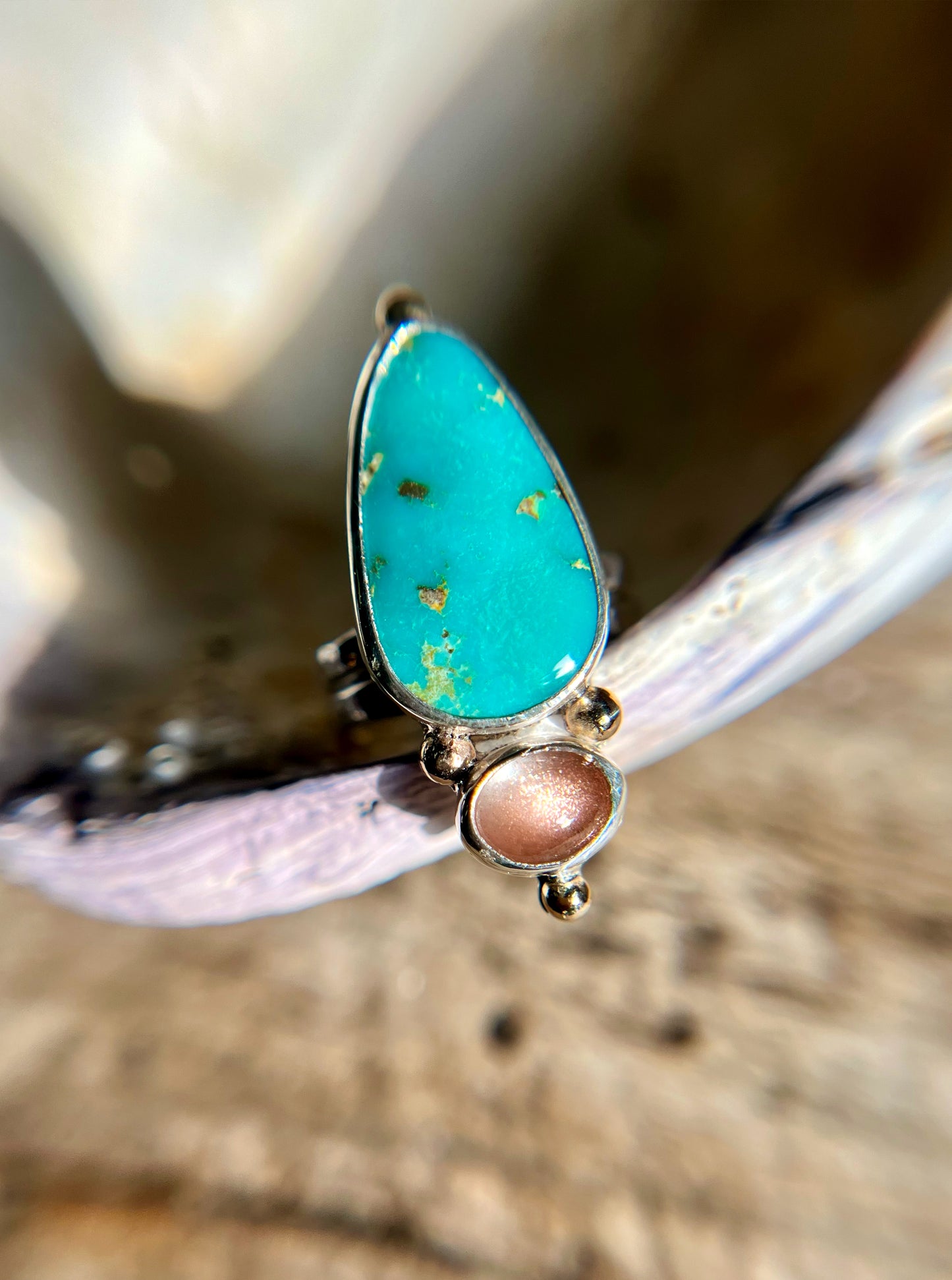 Statement Ring with Turquoise, Oregon Sunstone + 14k Gold Detail • Size 6.5