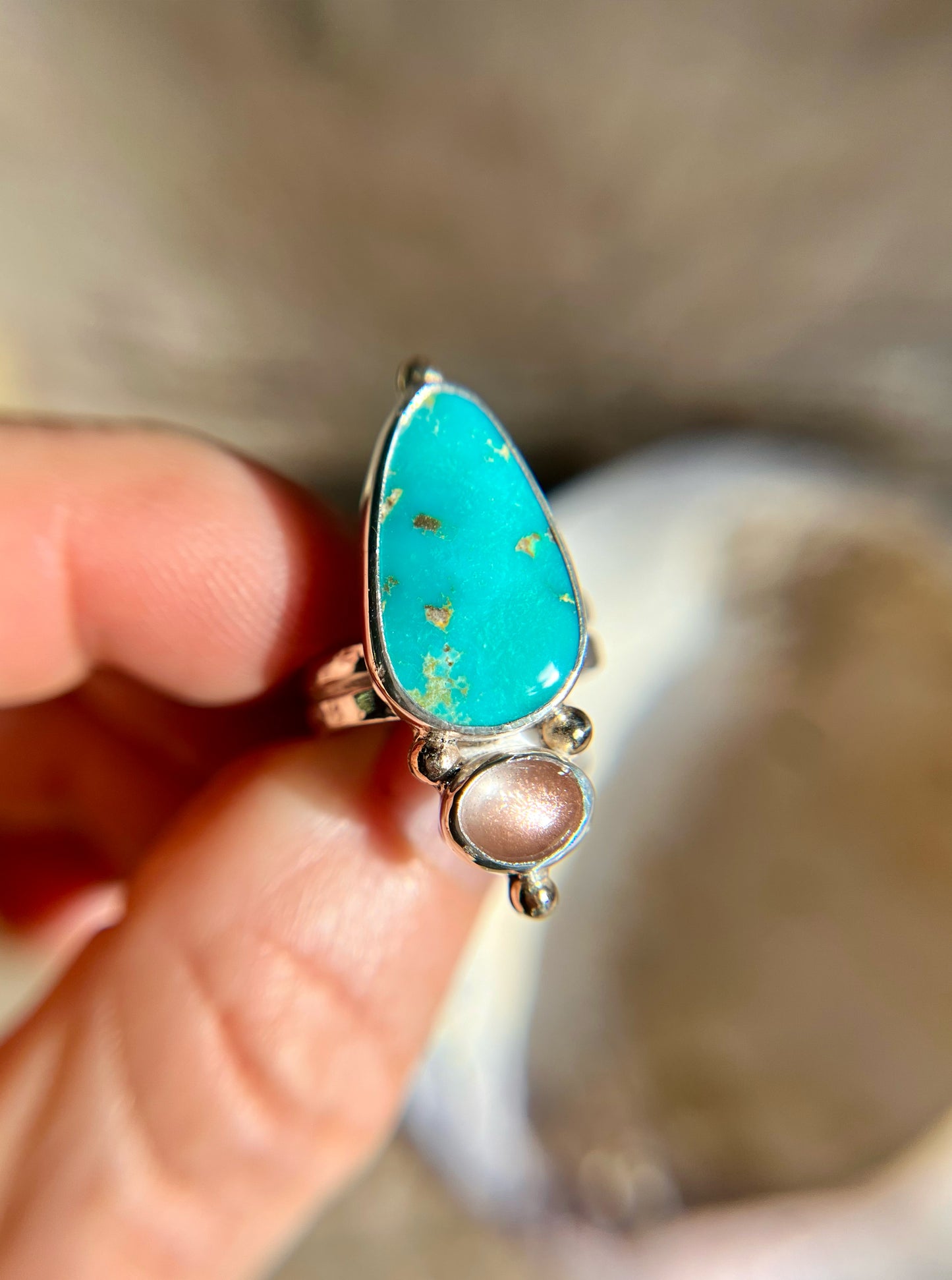Statement Ring with Turquoise, Oregon Sunstone + 14k Gold Detail • Size 6.5