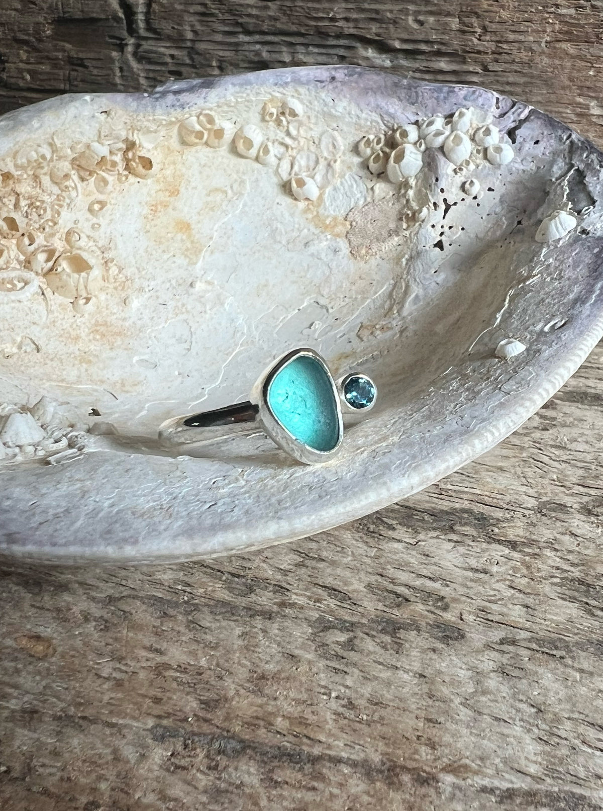 Teal Seaglass + Topaz Ring • Size 9