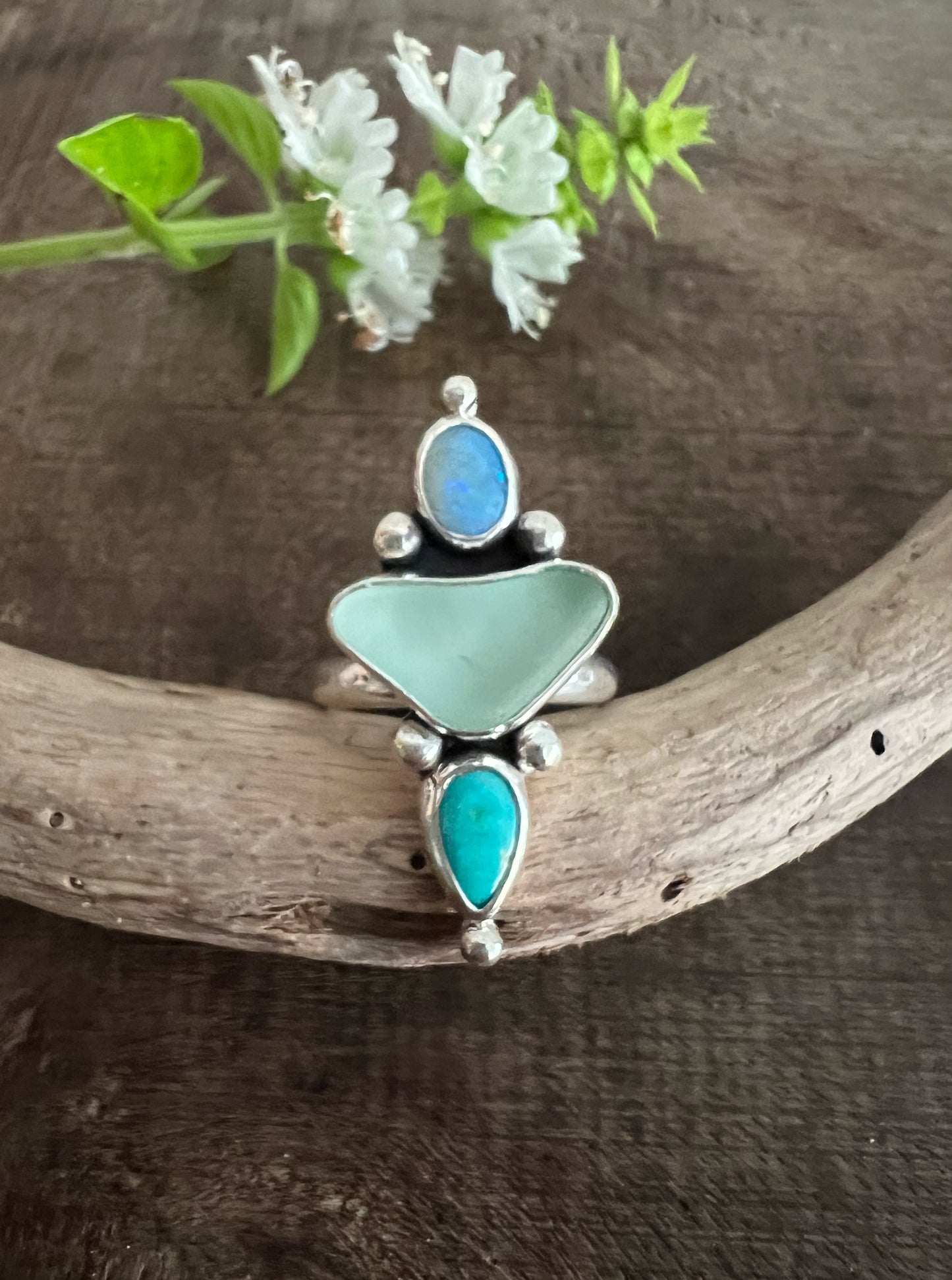 Sweetheart Trio Ring with Opal, Seaglass + Turquoise • Size 8.25