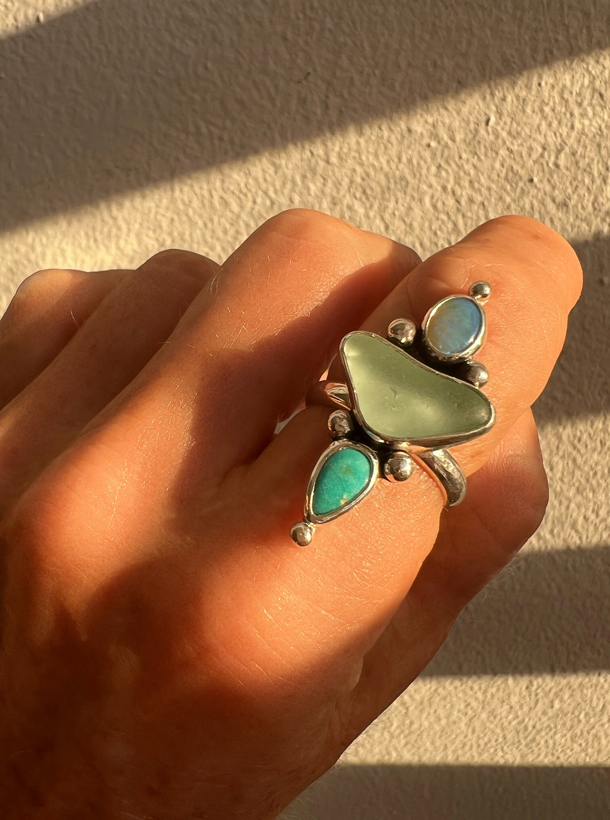 Sweetheart Trio Ring with Opal, Seaglass + Turquoise • Size 8.25
