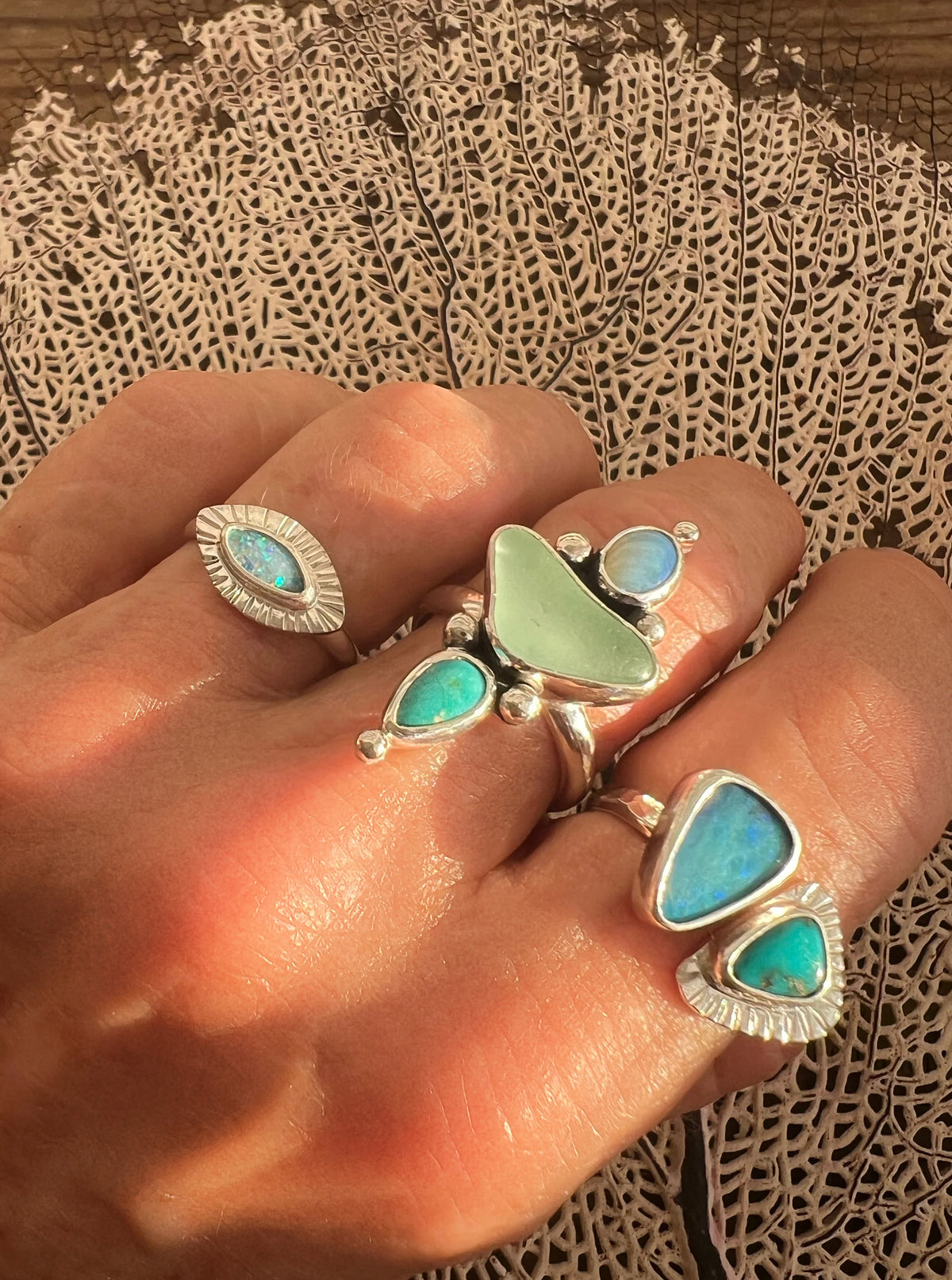 Sweetheart Trio Ring with Opal, Seaglass + Turquoise • Size 8.25
