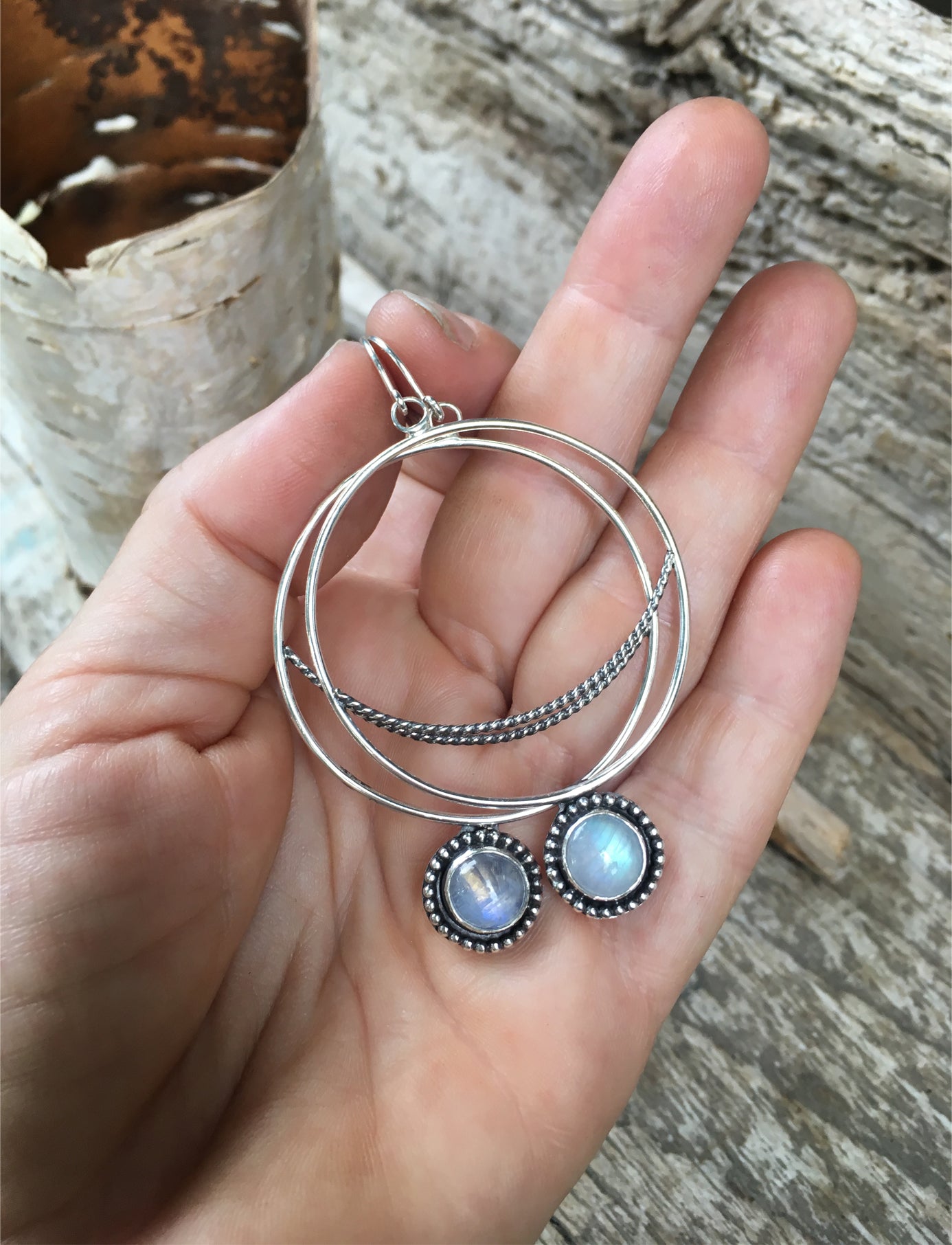 Crescent Moon Hoops with Rainbow Moonstone Shown in Hand