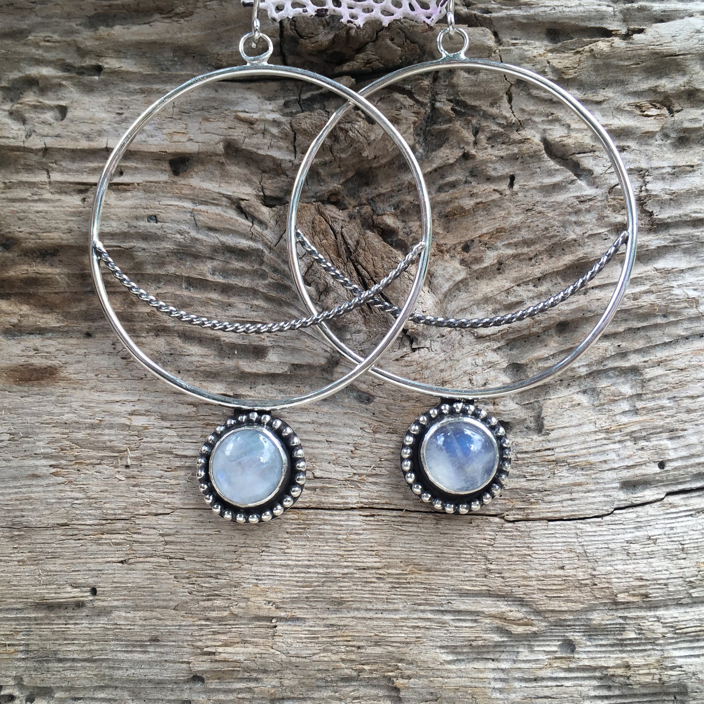 Crescent Moon Hoops with Rainbow Moonstone