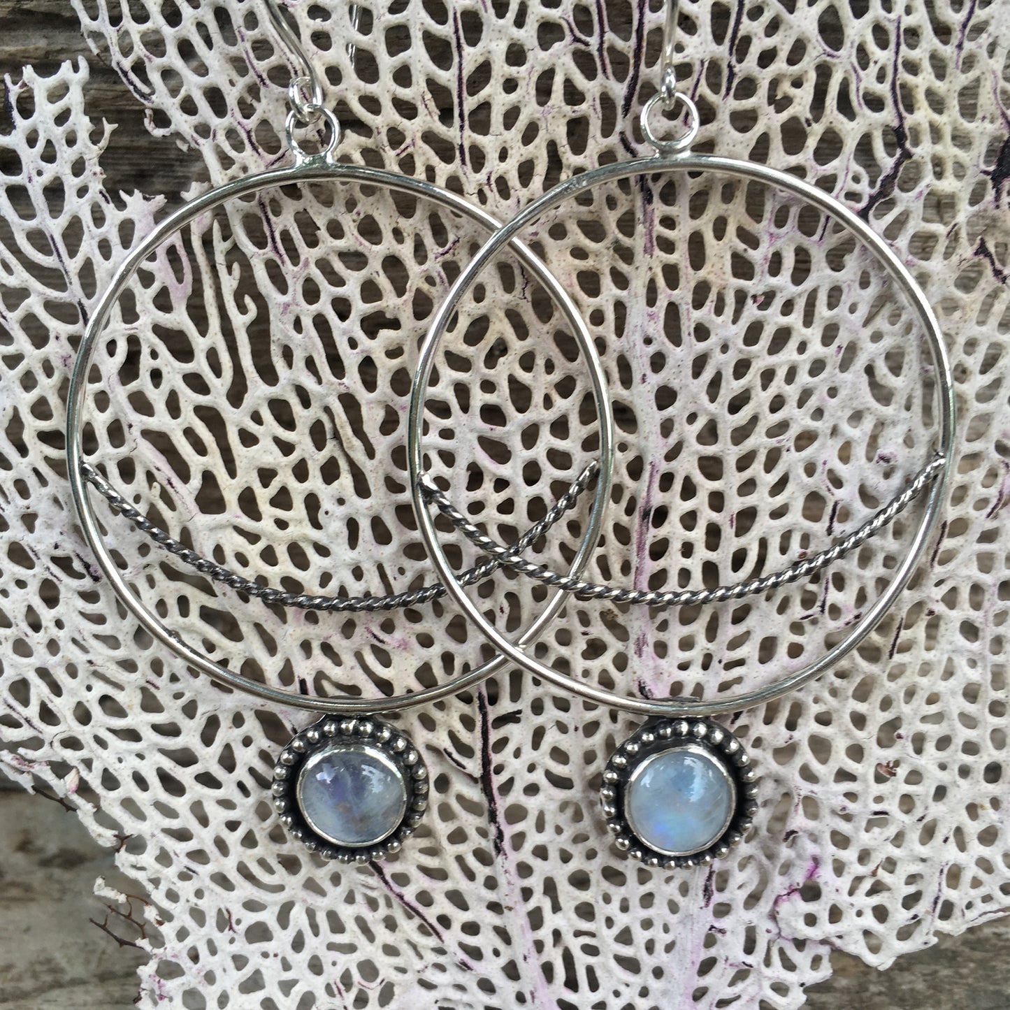 Crescent Moon Hoops with Rainbow Moonstone on Sea Fan