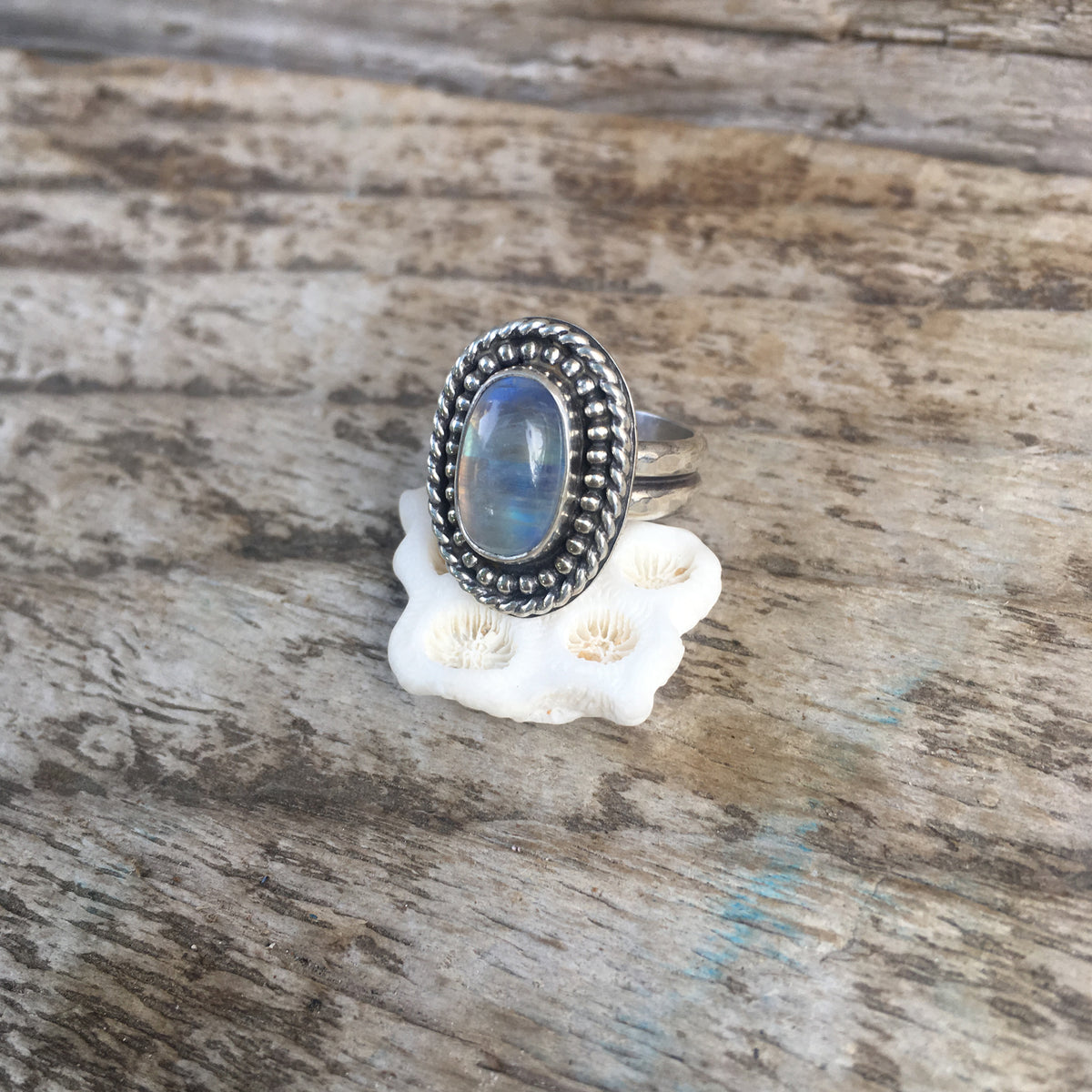 Rainbow Moonstone Shield Ring