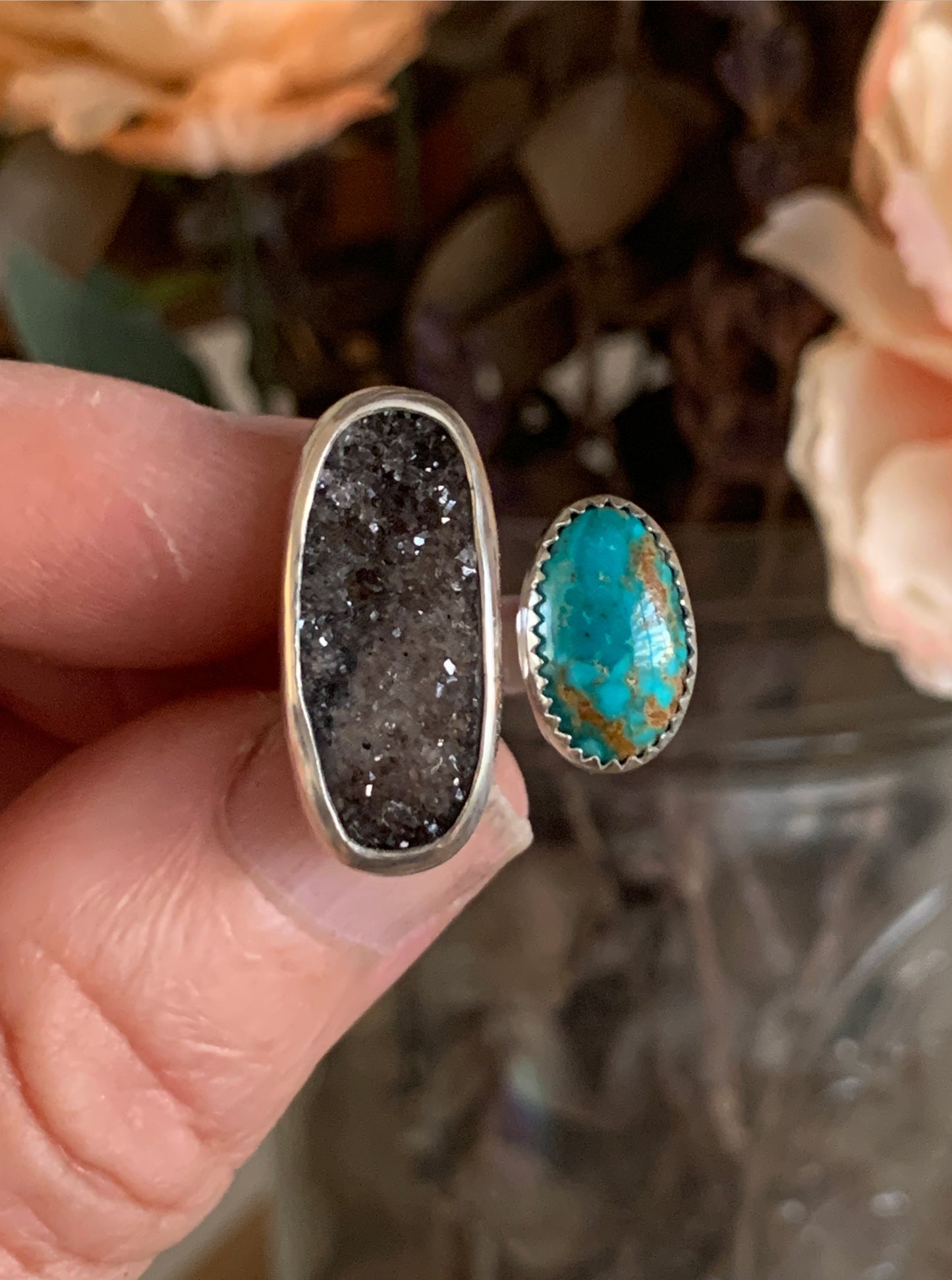 Druzy Agate + Turquoise Duet Ring • Size 7 / 7.5