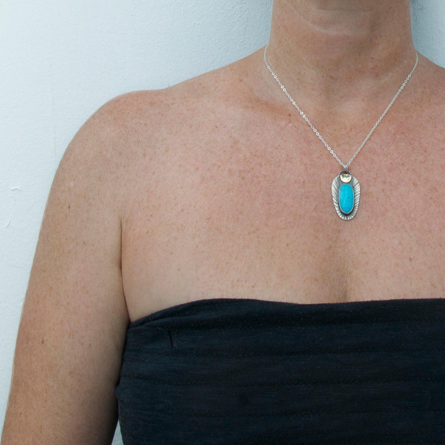Kingman Turquoise Pendant – Brass Crescent Moon – Sea Inspired Turquoise Pendant - Handcrafted Jewelry by Special J Creations – Boho Chic Jewelry