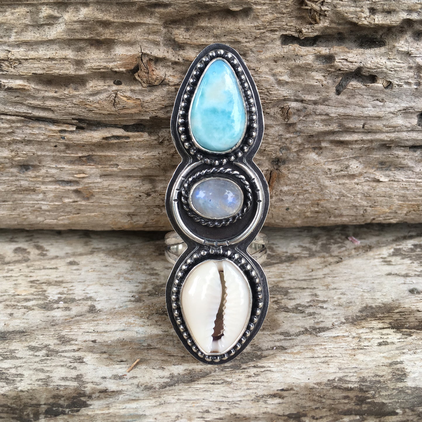 Alchemist Trio Ring with Larimar, Rainbow Moonstone and Cowry Shell